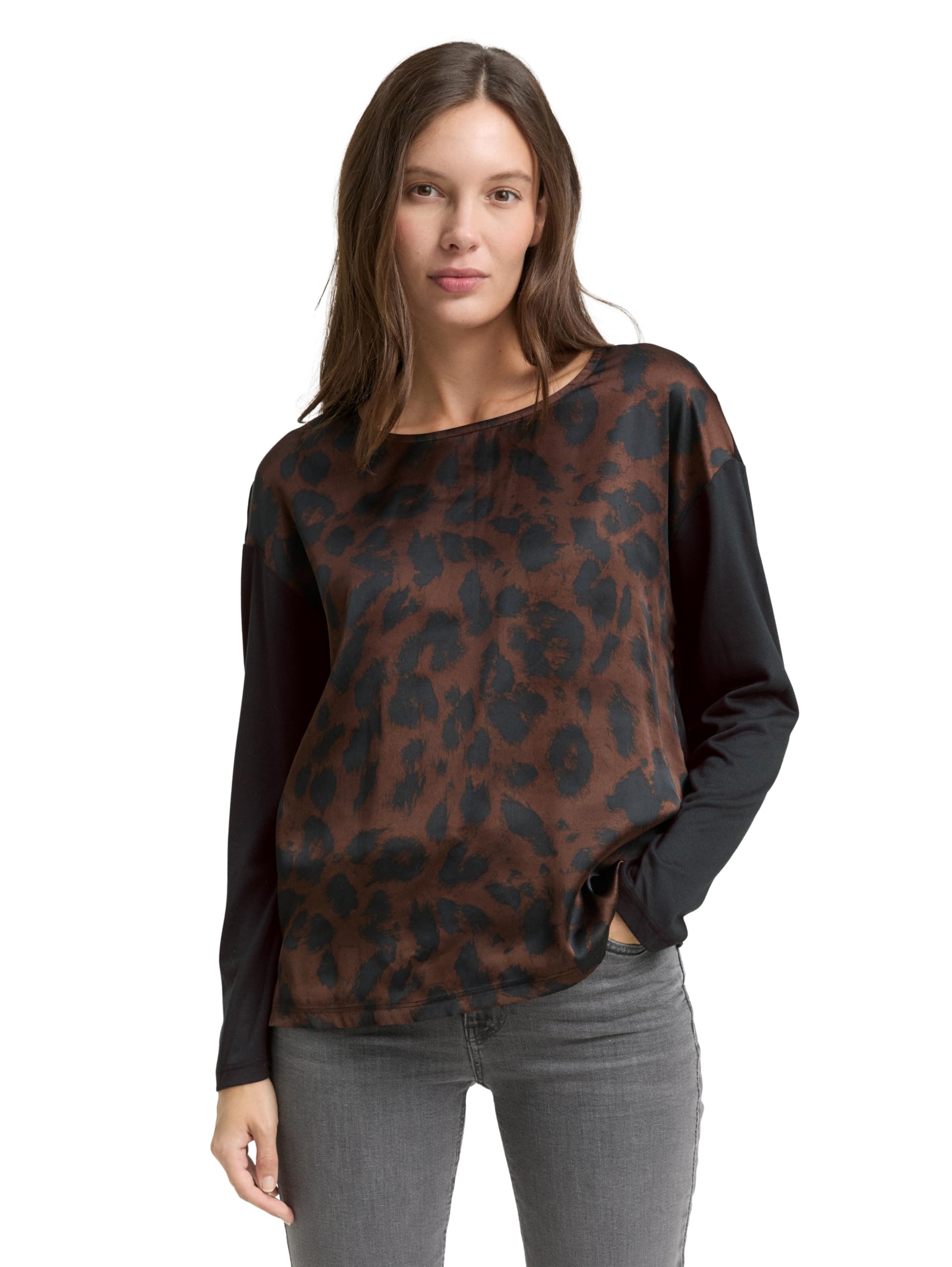 TOM TAILOR Damen Loose Fit Langarmshirt mit Leo-Print