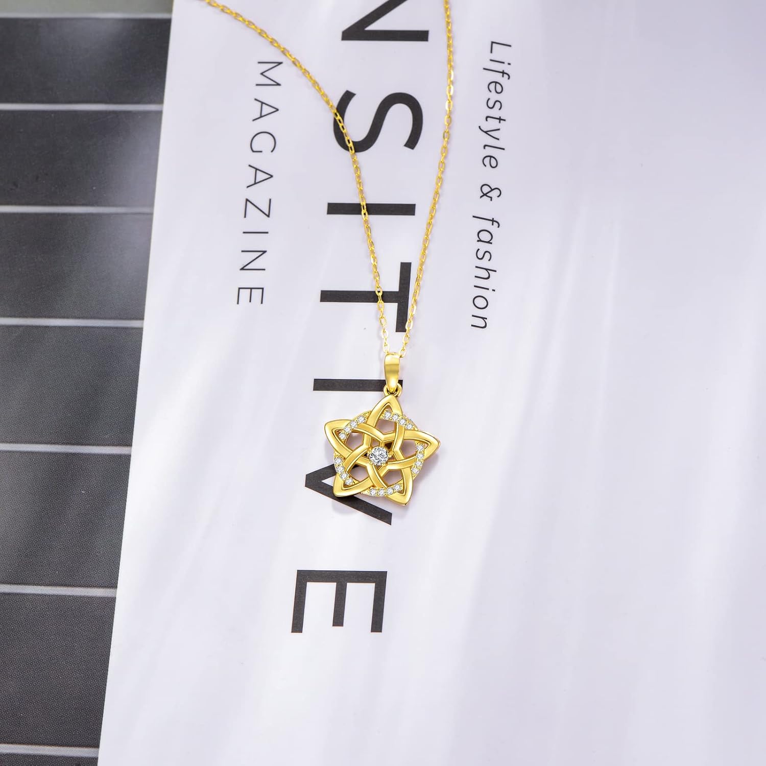 14K Real Gold Star Knot Necklace with 0.75ctw Moissanite for Women Girls,Solid Gold Pentagram Pendant Necklace Love Knot Jewelry Gifts for Birthday Mothers Day 16+1+1 inch