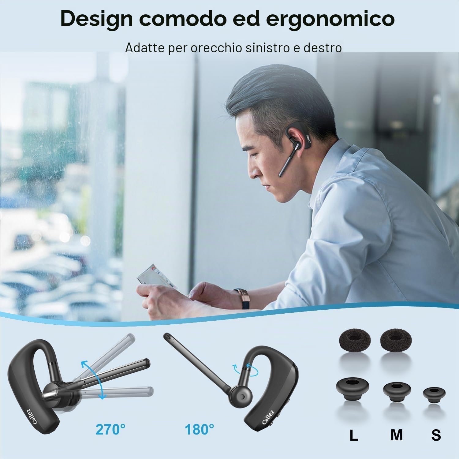 Callez Auricolare Bluetooth per iPhone Samsung Cellulare, Auricolari Bluetooth Singolo V5.0 con CVC8.0 Doppio Microfono ENC Cancellazione del Rumore Cuffie Wireless per Guida Ufficio Lavoro