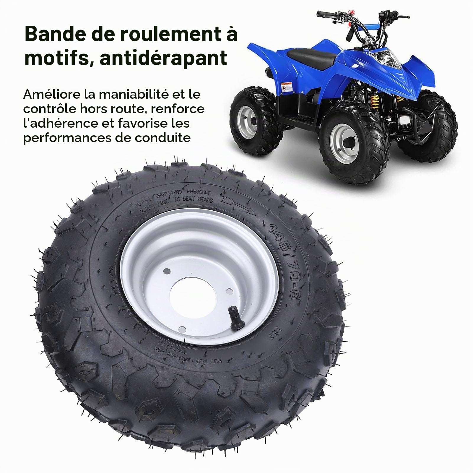 Pneu de jante de roue de 6 pouces, pneu 145/70-6 145x70-6 3 boulons Pneu de kart Pneu de course Roues en caoutchouc Jantes pour VTT UTV Quad Off Road Cart, Drift Trike, 4 roues
