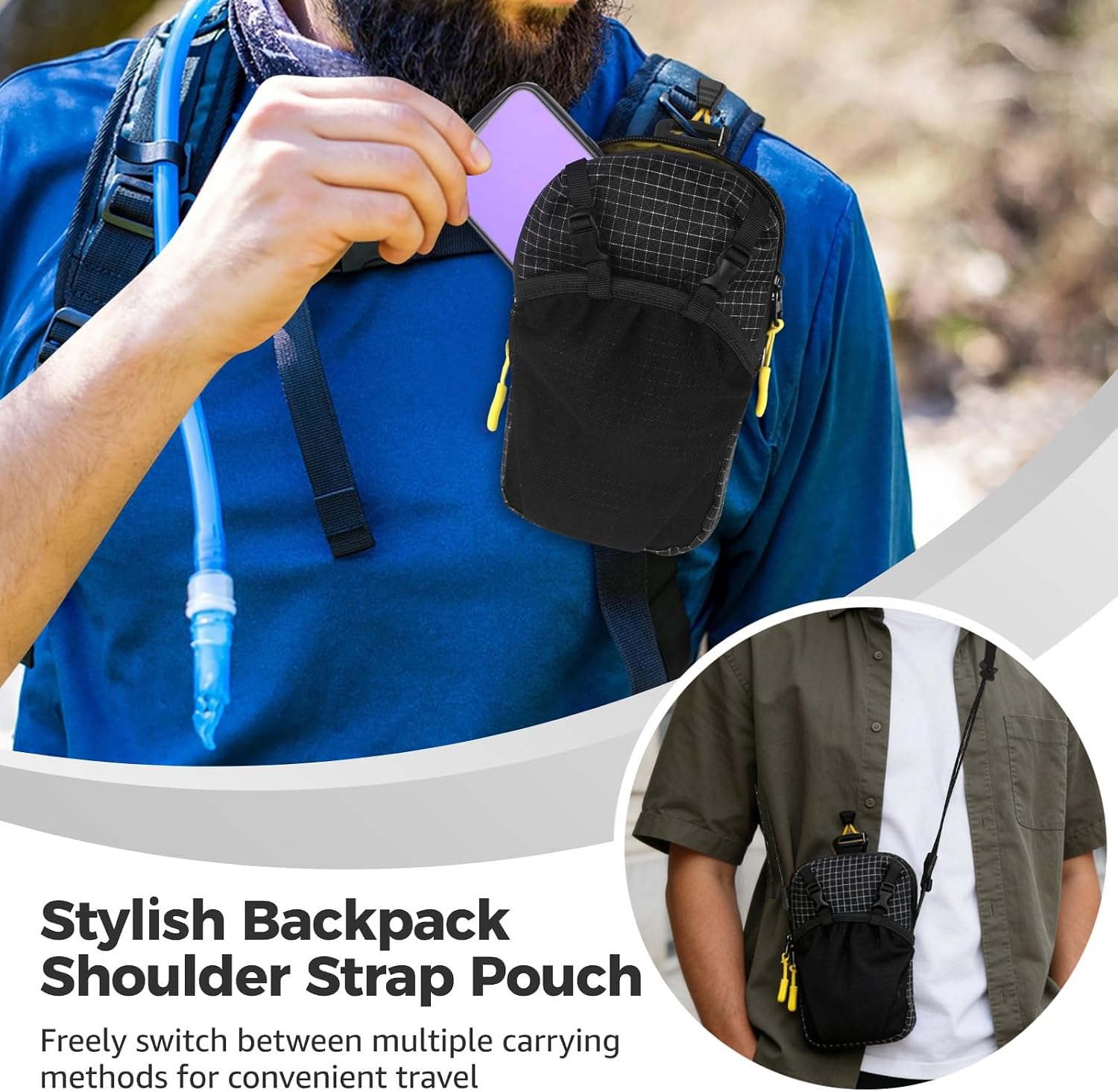 Backpack Shoulder Strap Pouch, 7.9 x 4.7 in Detachable Lightweight Shoulder Strap Pocket Attachment Bag, Black Nylon Cloth Waterproof Crossbody Phone Pouch for Hiking, Camping, Sports