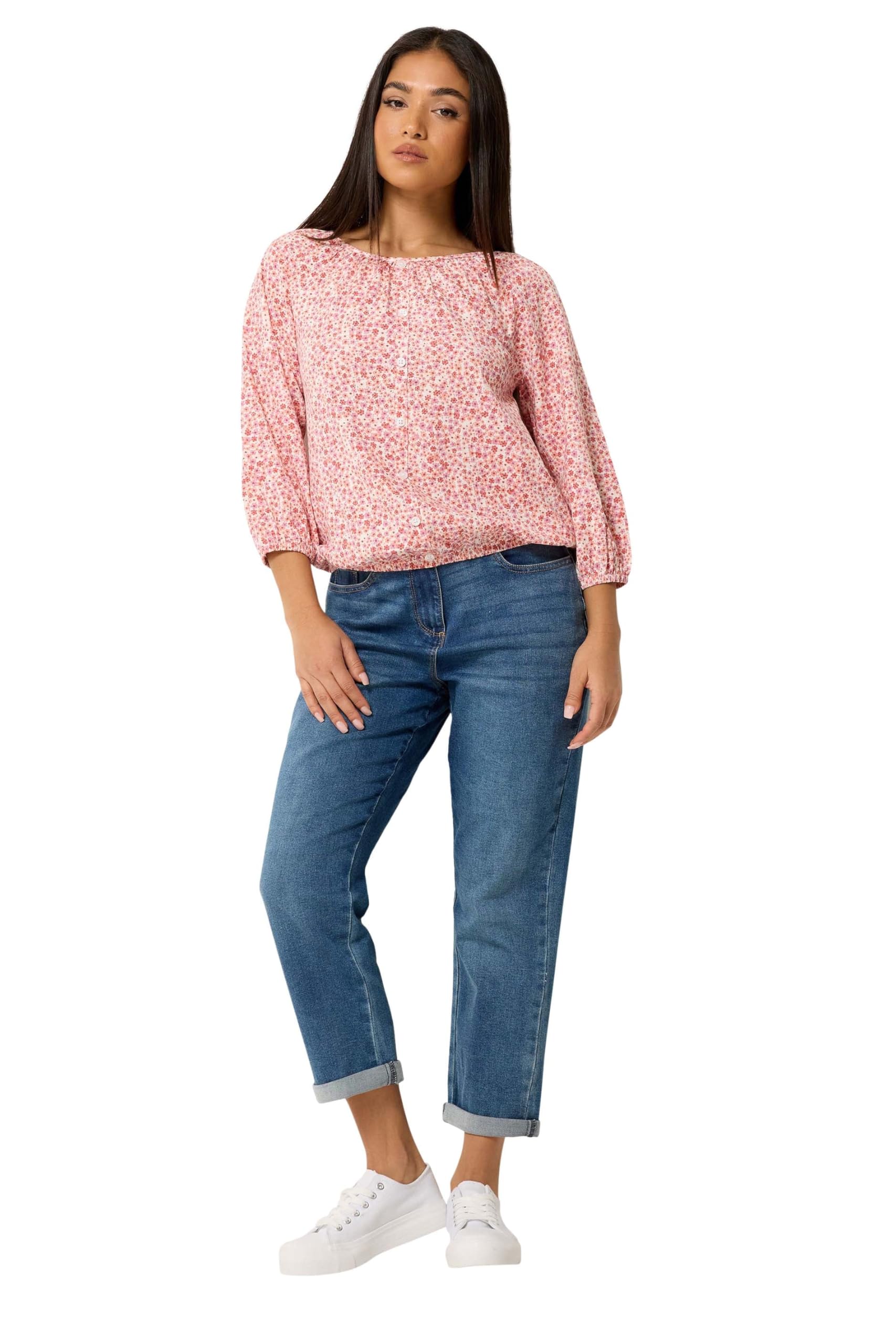 M&Co Petite Floral Button Down Cotton Blouse - Women's Pink