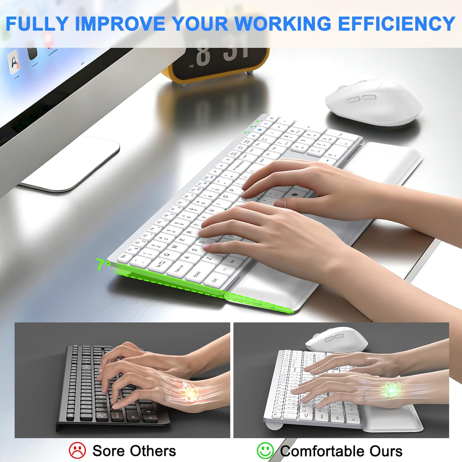 Wireless Keyboard and Mouse Combo, Full Size Silent Ultra Thin Keyboard with Magnetic Wrist Rest, Optical Mouse, 2.4G Lag-Free Cordless Mice Keyboard Set for Computer, Mac, Laptop, PC, Windows