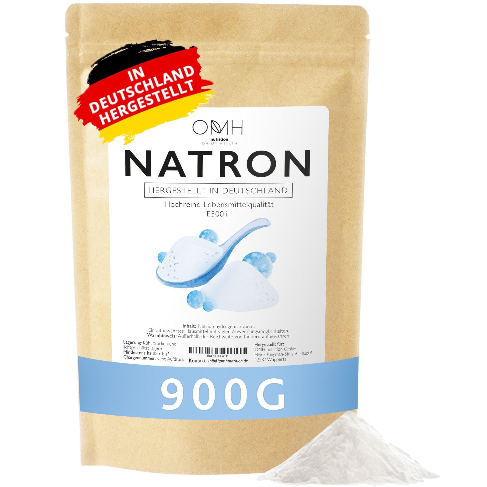 OMH nutrition OH MY HEALTH Natron Pulver 900g (0,9kg) Lebensmittelqualität Backpulver Baking Soda Deutsche Herstellung hochrein