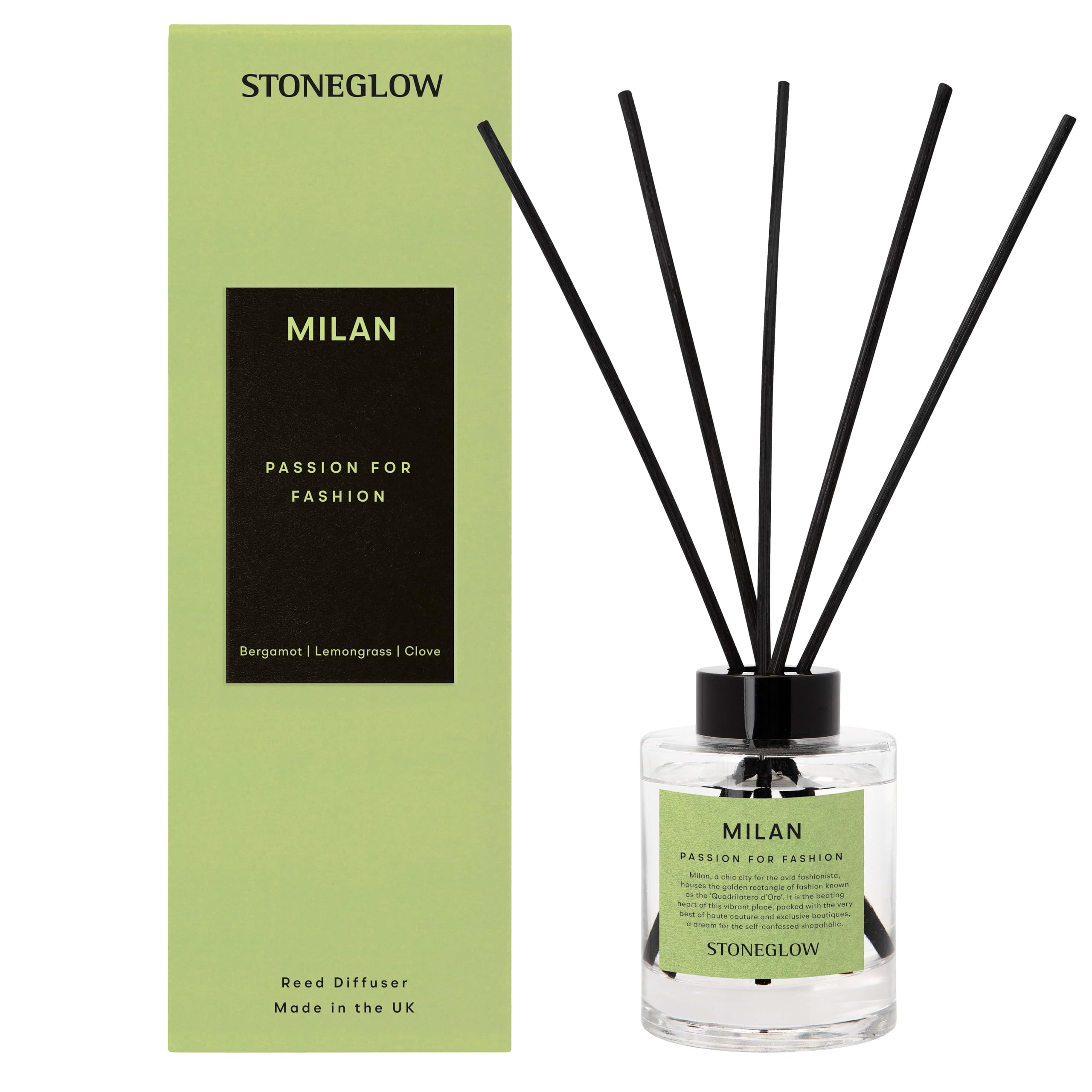 Stoneglow Explorer Collection Milan Passion For Fashion Scented Reed Diffuser 150ml, Bergamot Lemongrass Clove, Premium Air Freshener, Lasts 12 Weeks, Refillable, 10 Rattan Reed Diffuser Sticks
