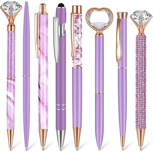 Supervitae 8 Pcs Purple Ballpoint Pen Women School Stationery Gifts Journaling Liquid Sand Glitter Black Ink Pens Bridal Shower Gifts for Wedding Office Desk Supplies
