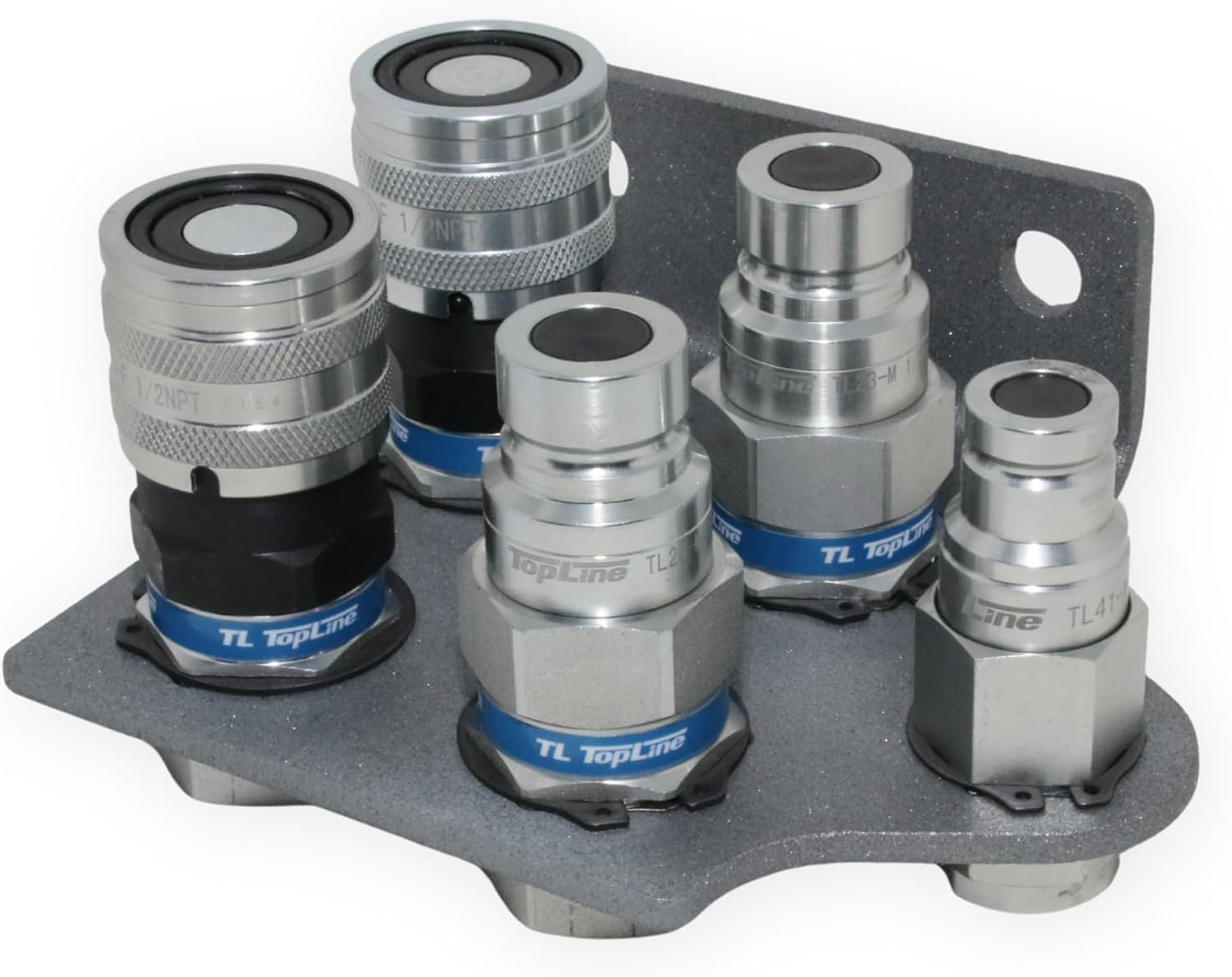 1/2" Hydraulic Quick Connect Coupler Set, Flat Face, 1/2" NPT with 3/8" Drain Line Coupler, ISO 16028, Heavy-Duty Steel, Includes Mounting Bracket, Fits Skid Steer Bobcat Attachments - TL23DB-4