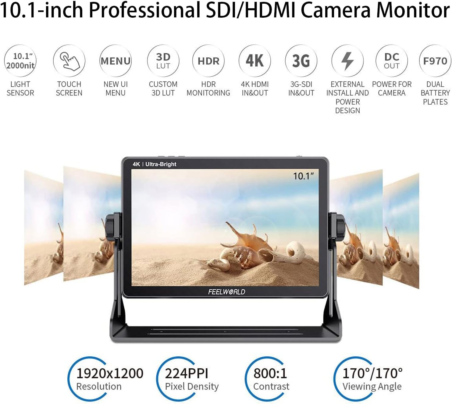 FEELWORLD LUT11S 10.1 Inch Ultra Bright 2000nit Touch Screen DSLR Camera Field Monitor and 3D Lut Waveform Vectorscope Automatic Light Sensor HD 1920x1200 3G SDI 4K HDMI Input Output