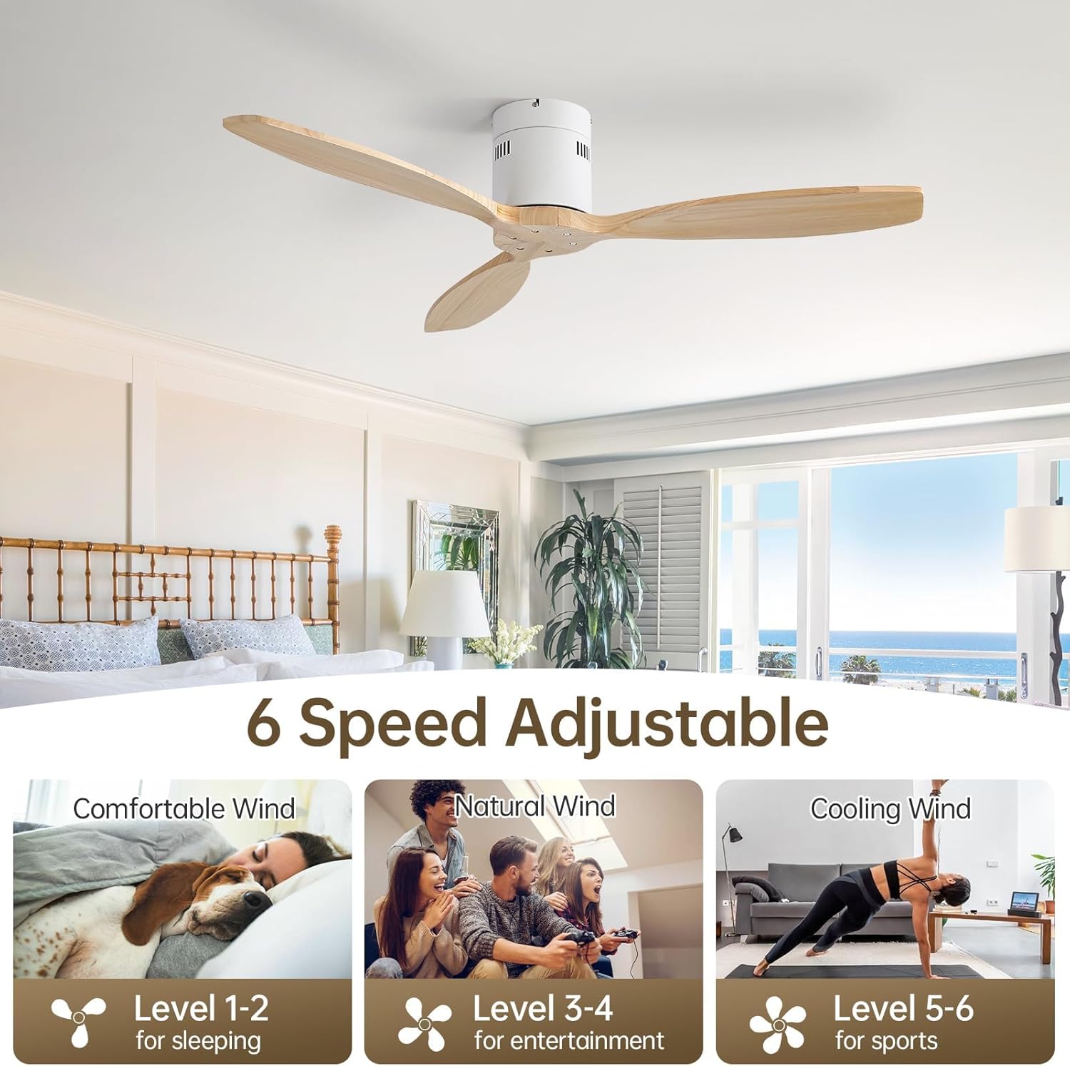 Sofucor 52 Inch Smart Ceiling Fan Without Light Flush Mount Solid Wood Ceiling Fan with Alexa/Google/APP/Remote Control-Modern Outdoor Ceiling Fans No Light for Bedroom/Patio/Indoor,Natural Wood&White