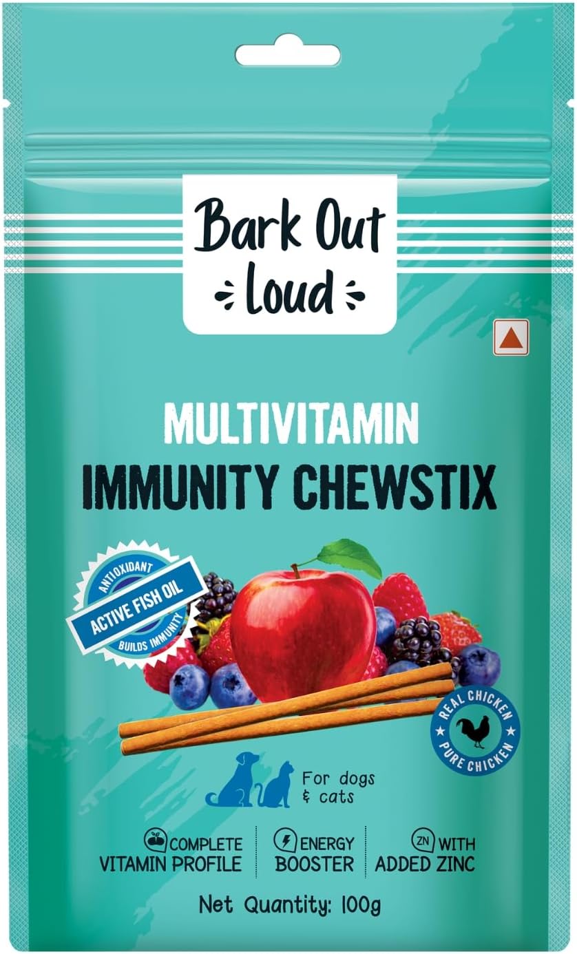 BARK OUT LOUD - Multivitamin Dog Treats, Fresh Chicken Immunity Chewstix with Omega & Zinc to Boost Health & Vitality for Dogs & Cats of All Life Stages - 100g (Pack of 1)