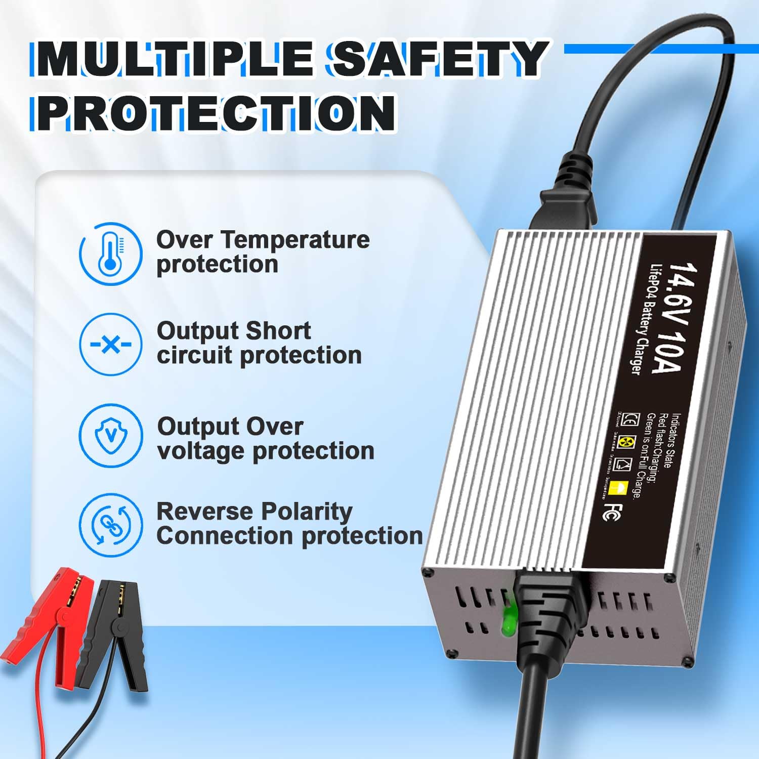 Caricabatterie LiFePO4 da 14,6V 10A per caricabatteria al litio ferro fosfato da 12V (12,8V) con ricarica rapida protegge la batteria