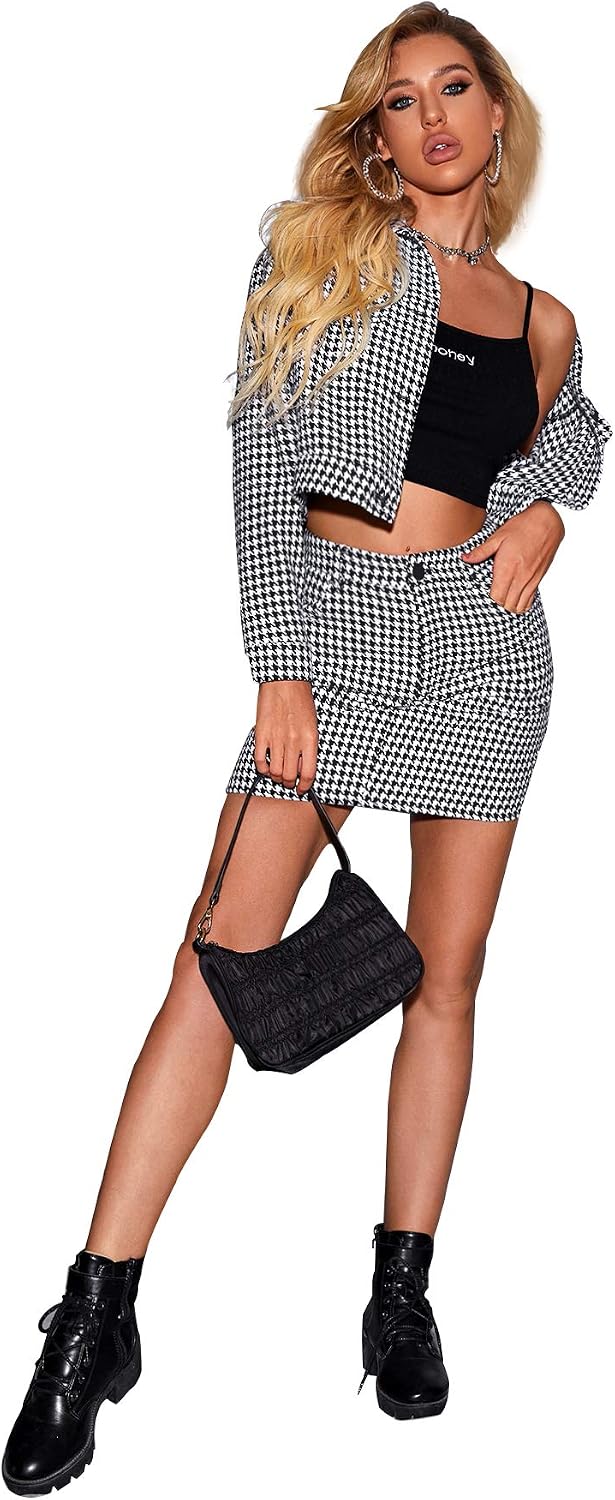 SweatyRocks Women's Business Suit 2 Pieces Tweed Blazer Jacket Coat and Skirt Set