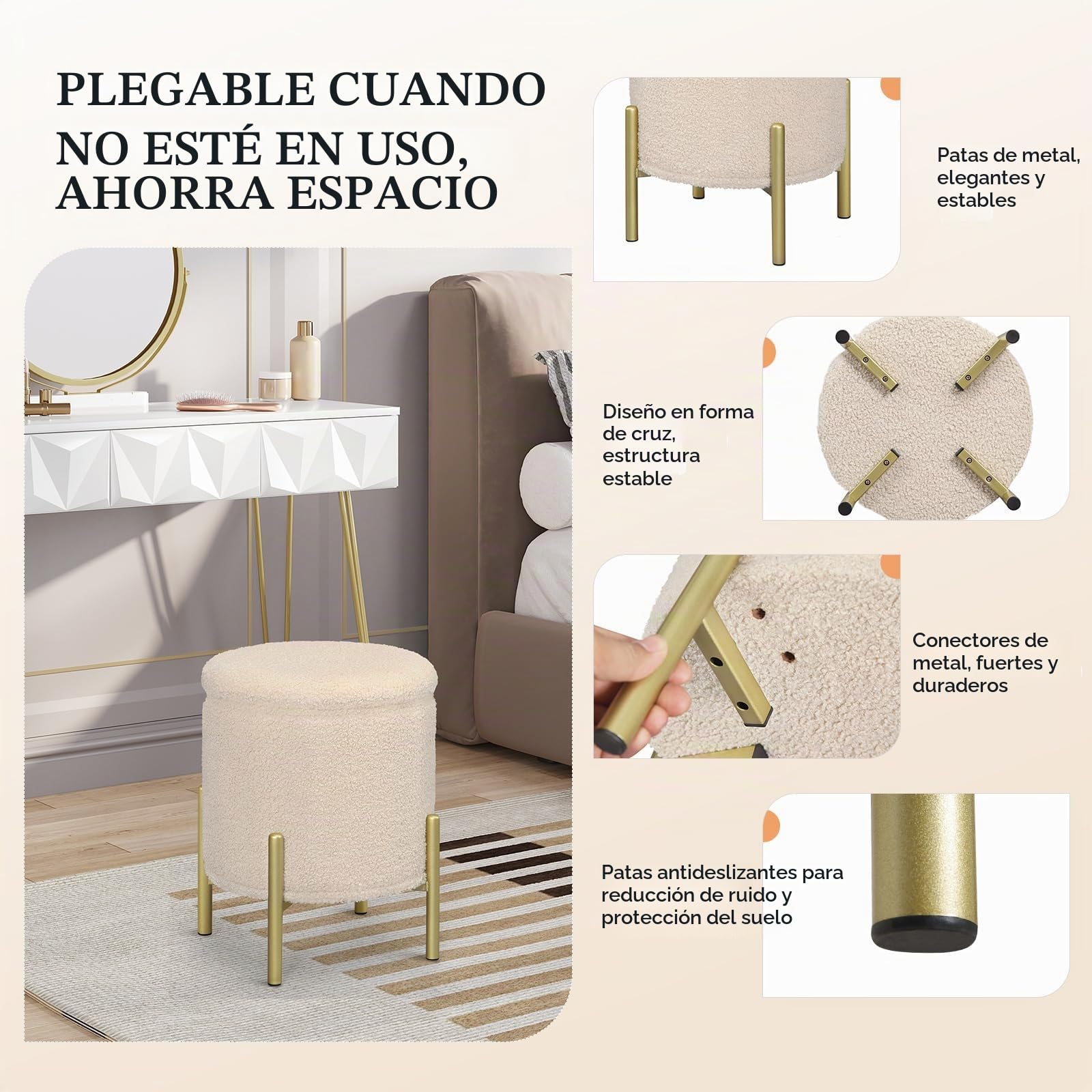 eSituro Taburete Almacenaje Redondo, 18L Baul Almacenaje Plegable con Asiento Tapizado en Felpa, Taburete Bajo con Almacenamieto, Reposapiés de Sofá y Cama, Patas de Metal, φ35x H41 cm, Beige
