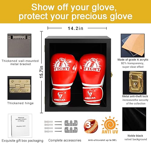 Miniatura 3 de Vitrina para guantes de boxeo, montaje en pared, con cerradura, tamaño completo, protección UV, acrílico transparente, caja para béisbol y boxeo,