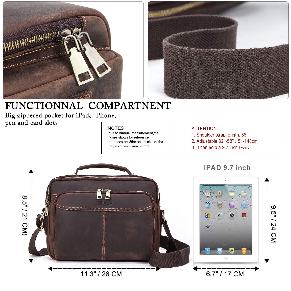 Contacts Borsa in pelle da uomo,Tracolla Uomo Borselli,borsa a tracolla da viaggio retrò, borsa a tracolla multifunzione casual Ipad Borsa a Spalla da Lavoro Crossbody Bag per Ufficio Scuola