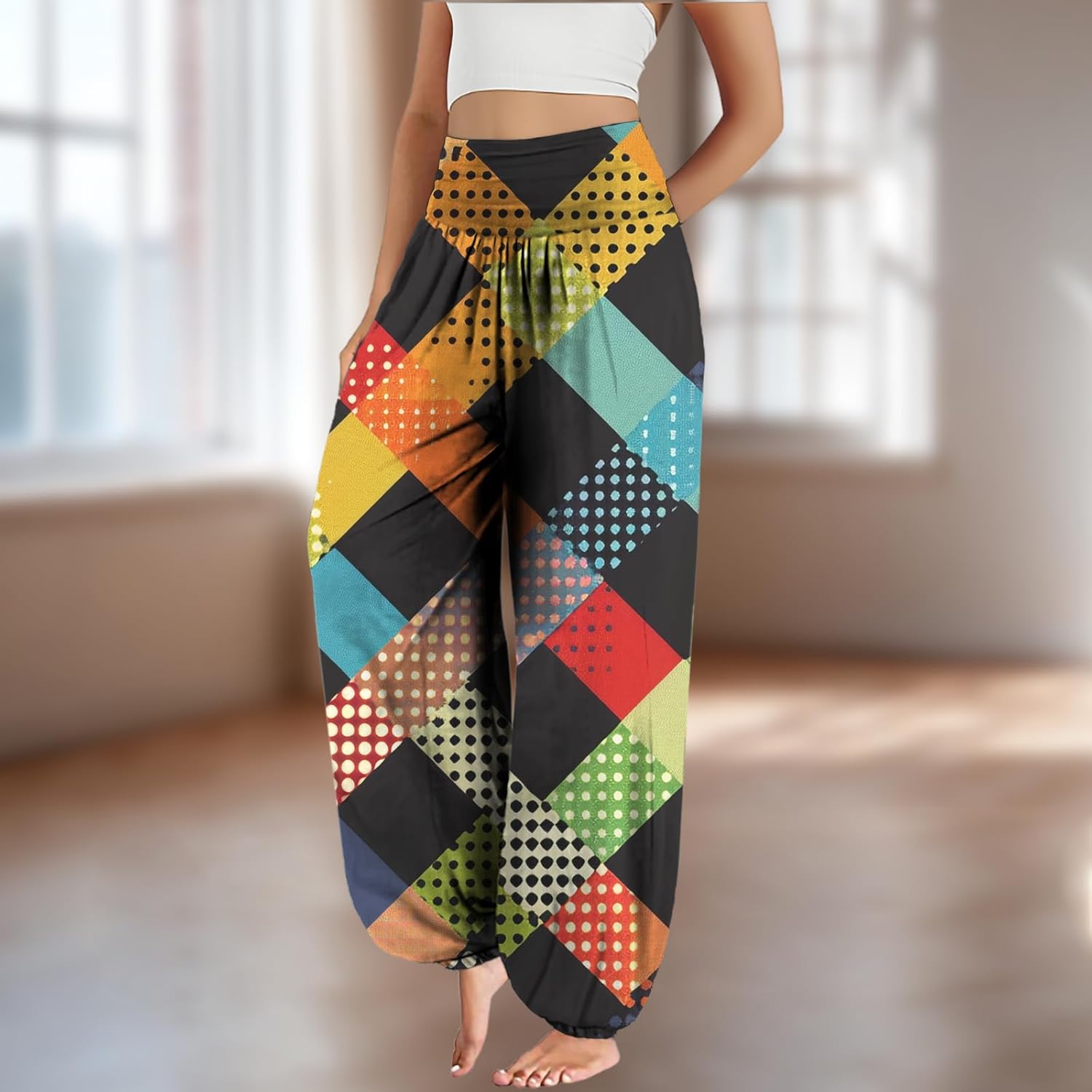 Lantern Pants for Women Fashion Floral Print Wide Leg Flowy Lounge Trousers Casual High Waist Yoga Pant with Pocket