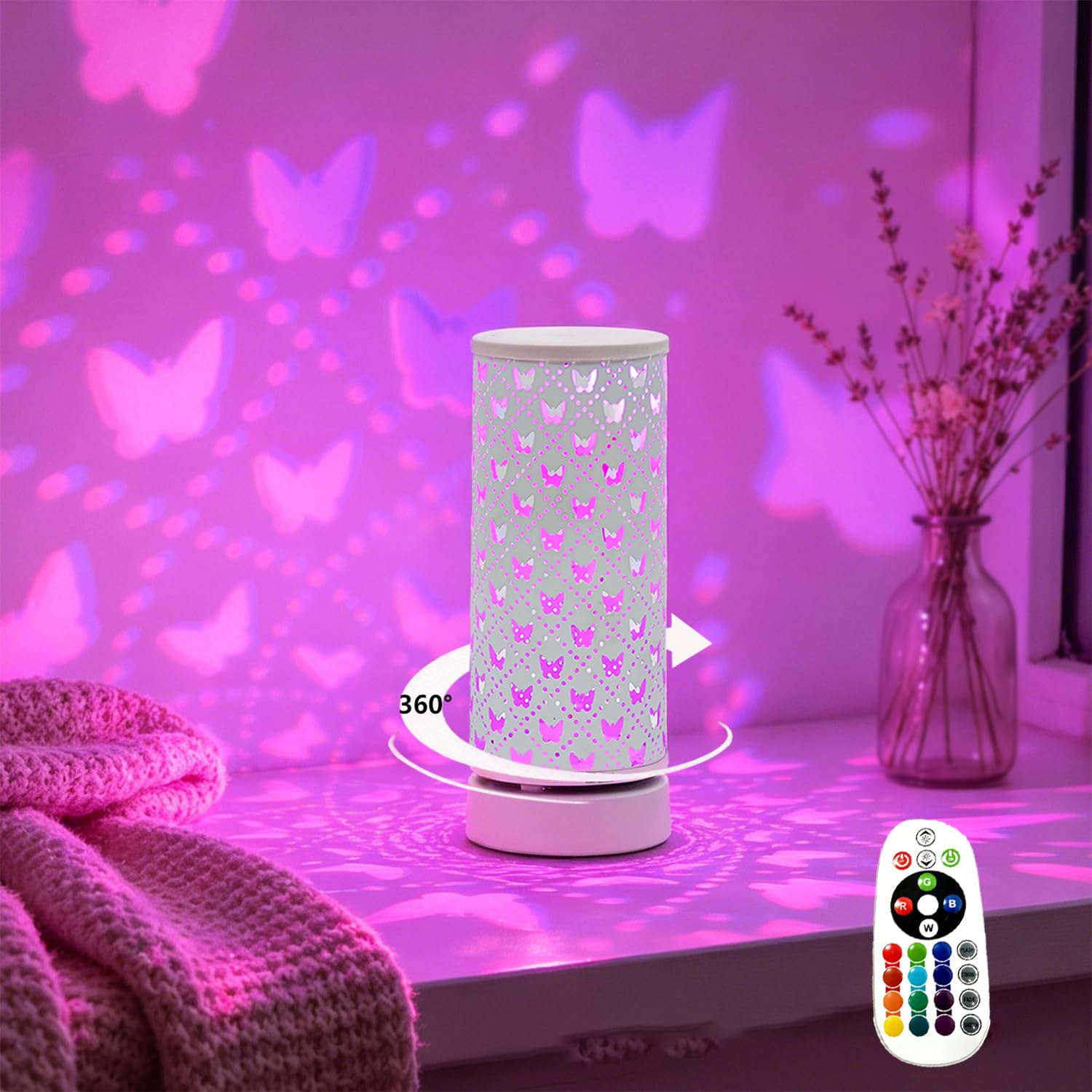 Butterfly Projector Night Light, Butterfly Shaped Cutout Lamp with Remote RGB Dimming USB Powered 360° Silent Rotation for Bedroom Living Room Decor Gift for Family