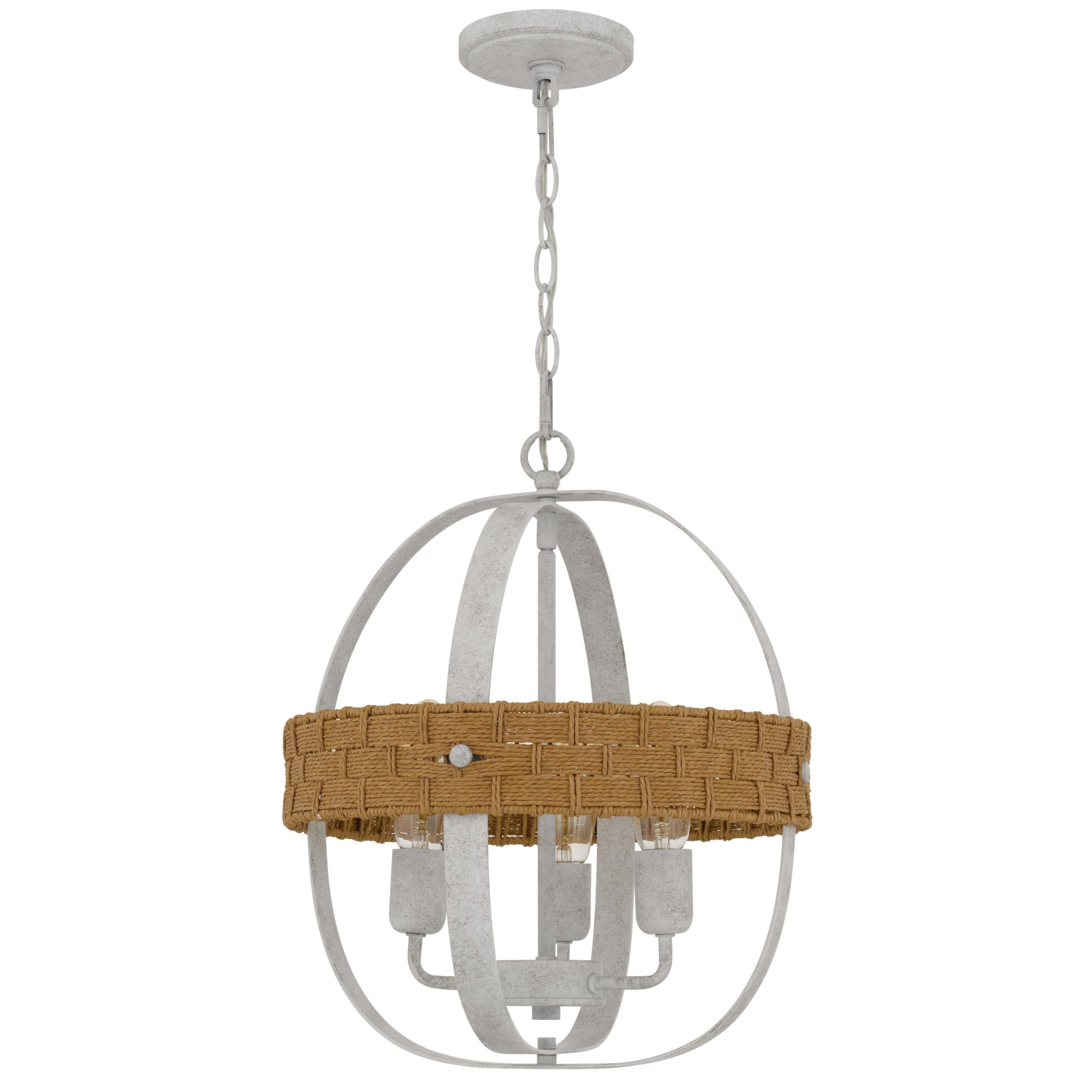 Benjara Baty Chandelier, 3 Light Rustic Rattan, Round White Metal 18 Inch