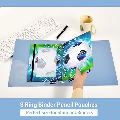 Miniatura 4 de Estuche para lápices de fútbol de fútbol en campo para carpeta de 3 anillas, impermeable, con ventana transparente, suministros de oficina para