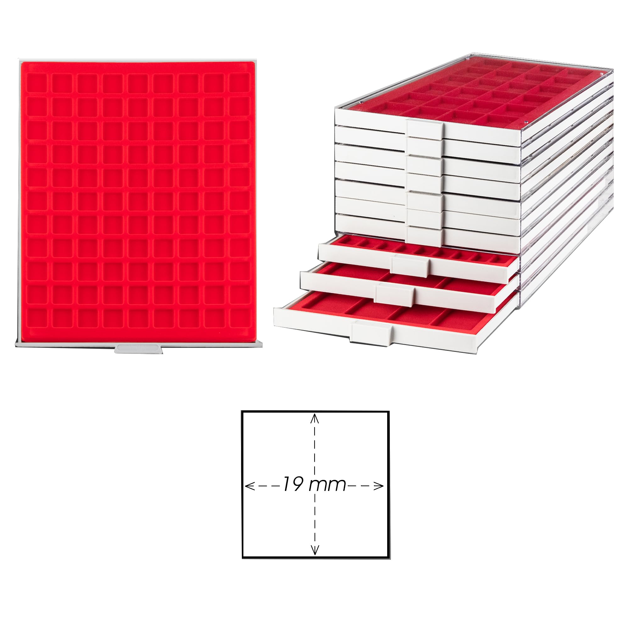 Prophila Coin Box Gray 99 Angular compartments for Coins up to 19 mm (3rd Empire), red Insert