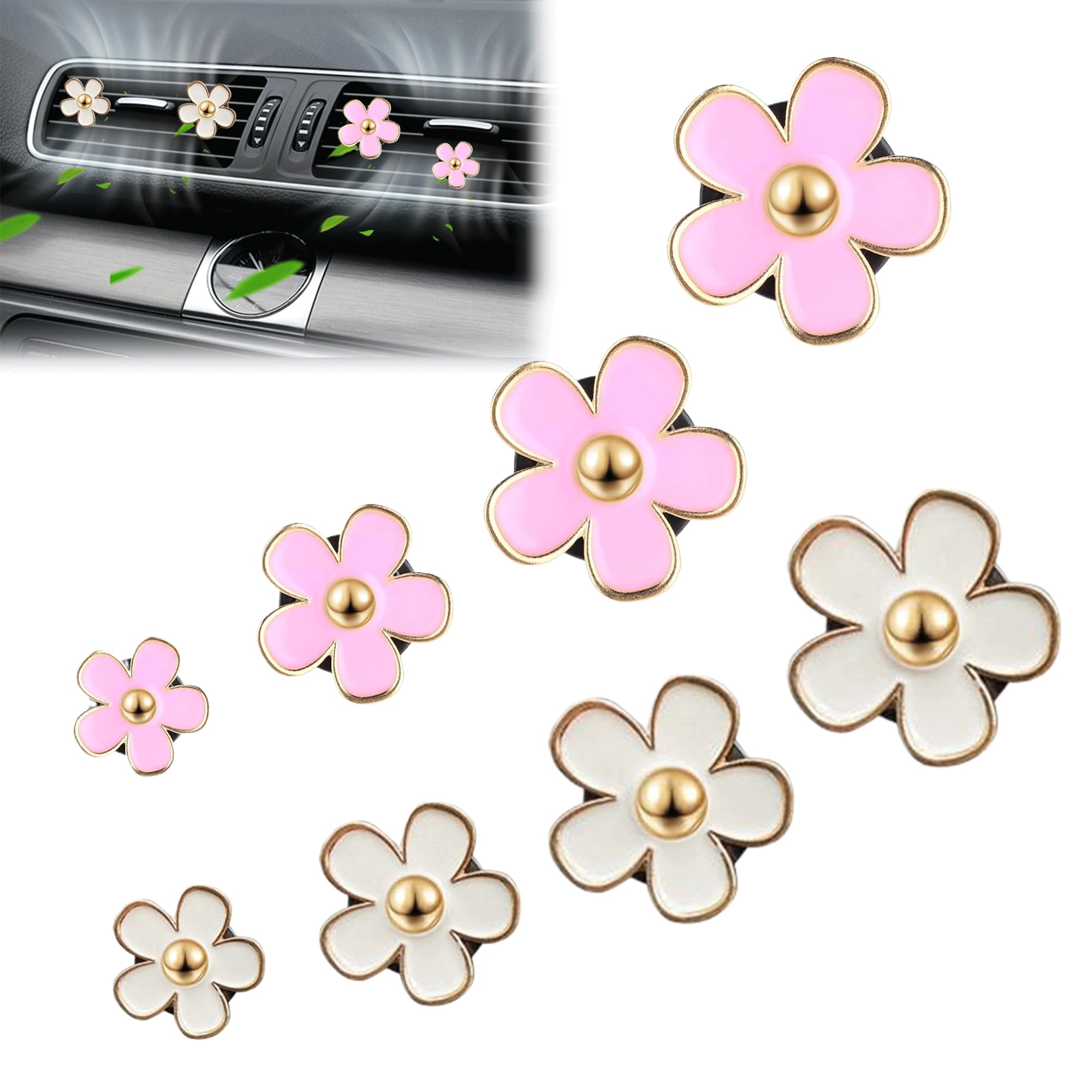 8 Stück Auto Deko für Lüftung Sschlitze für Autos Einzigartiges Design Gänseblümchen-Blumen-Auto-Lufterfrischer-Clip Frische die Luft im Auto Auto Deko Innenraum für Auto Wohnzimmer (Weißes Rosa)