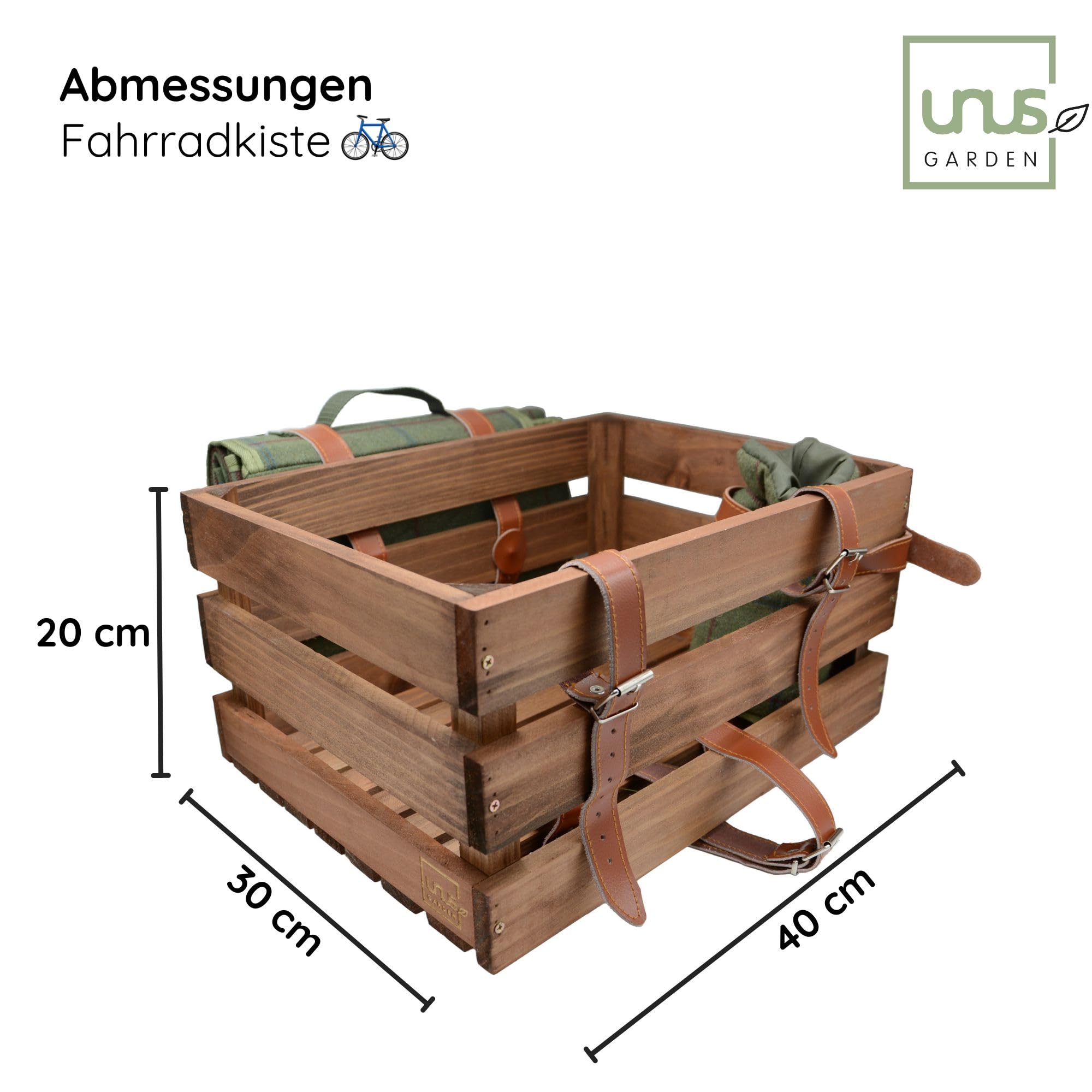 UNUS Fahrradkiste Fahrradkorb Holzkiste für hinten mit Picknickdecke und Flaschenhalter