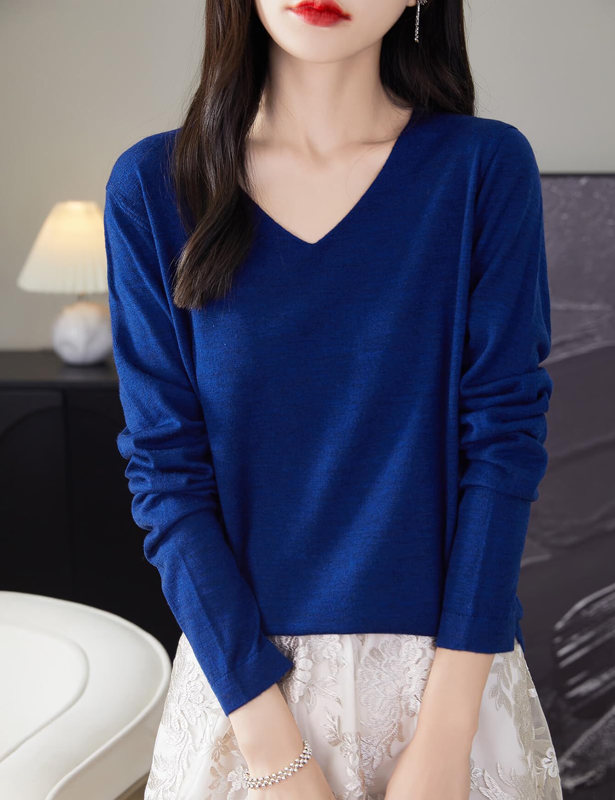 Chanyarn Donna 100% Lana Merino Maglie Termiche Maglietta Scollo a V Manica Lunga Viaggio Escursionismo T-Shirt Termiche Base Layer
