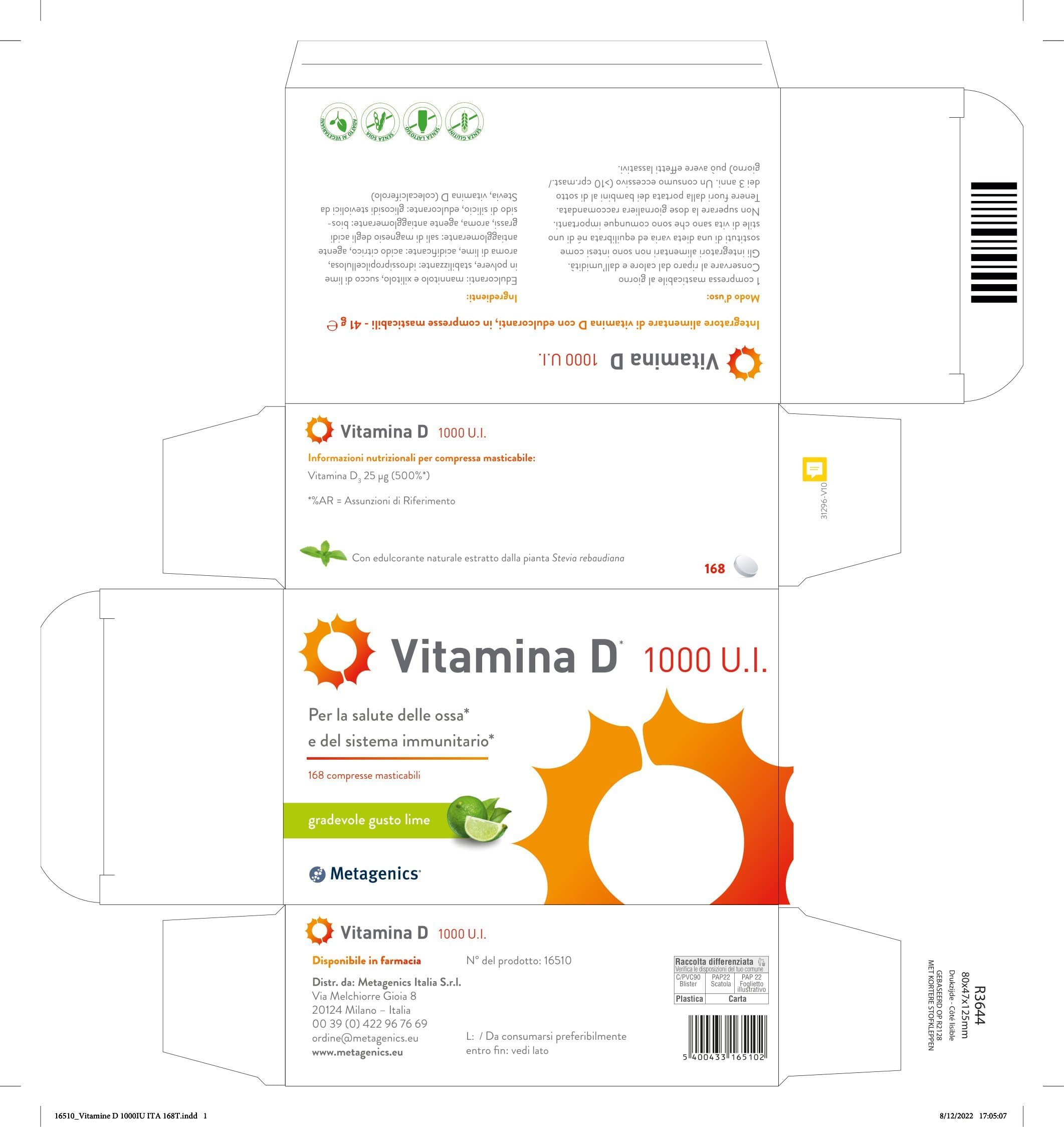 Metagenics Vitamina D 1000 U.I. - Integratore Sistema Immunitario - Per la Salute delle Ossa - 168 Compresse Masticabili