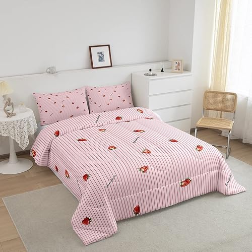 Miniatura 2 de Erosebridal Juego de ropa de cama de fresa para niñas, juego de edredón de frutas kawaii, tamaño Queen, lindo edredón de plumón de fresa de dibujos