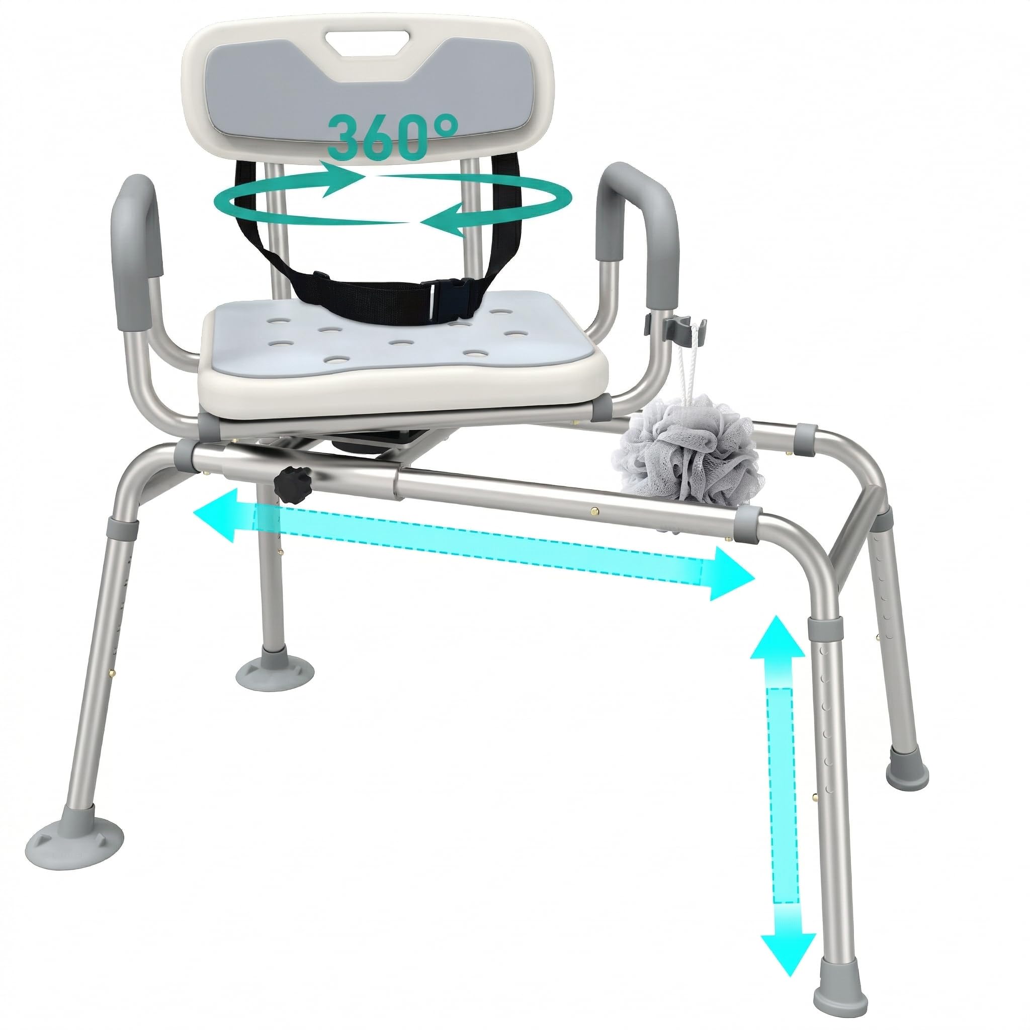 unileaf sliding tub transfer bench with 360° swivel seat, 350 lb capacity shower transfer chair for bathtub, height adjustable frame with safety strap, tool?free assembly