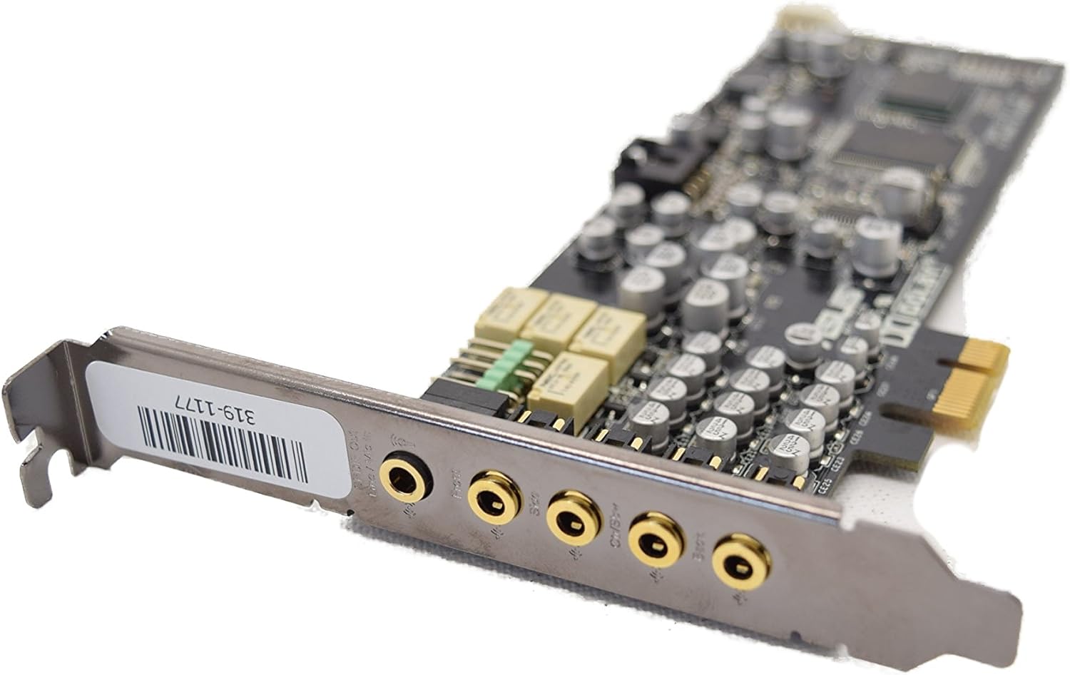 Close-up of the ASUS Xonar DX sound card's rear panel connectors.