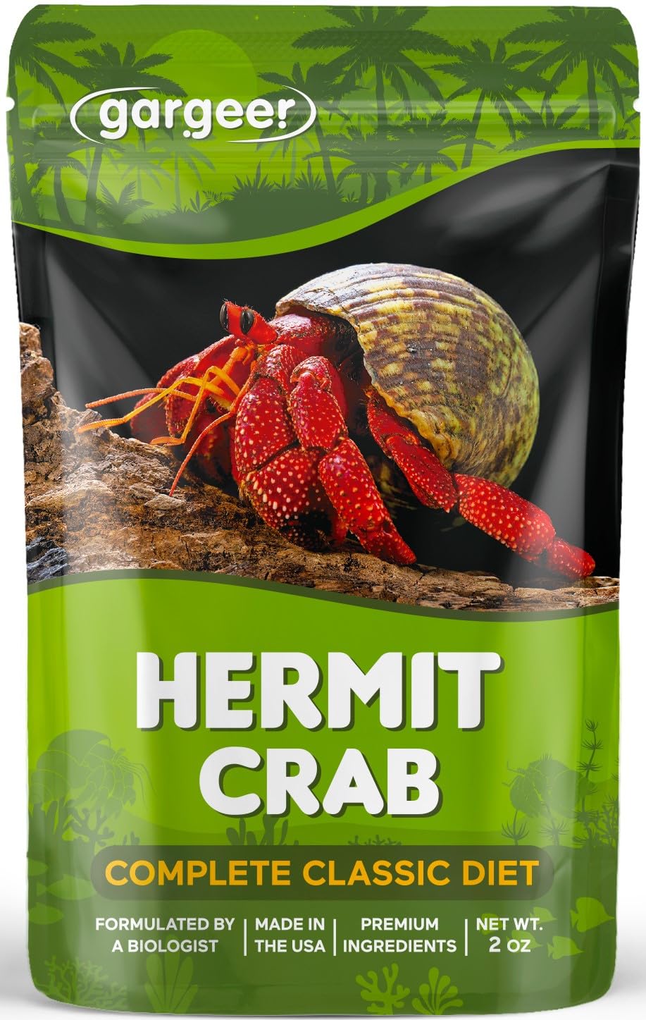 Hermit Crab Complete Diet. Non-GMO Premium Ingredients, for All Nutritional and Immune System Needs. 2oz Granular Textured ‘Surprise Your Crab’ Meal. Enjoy!