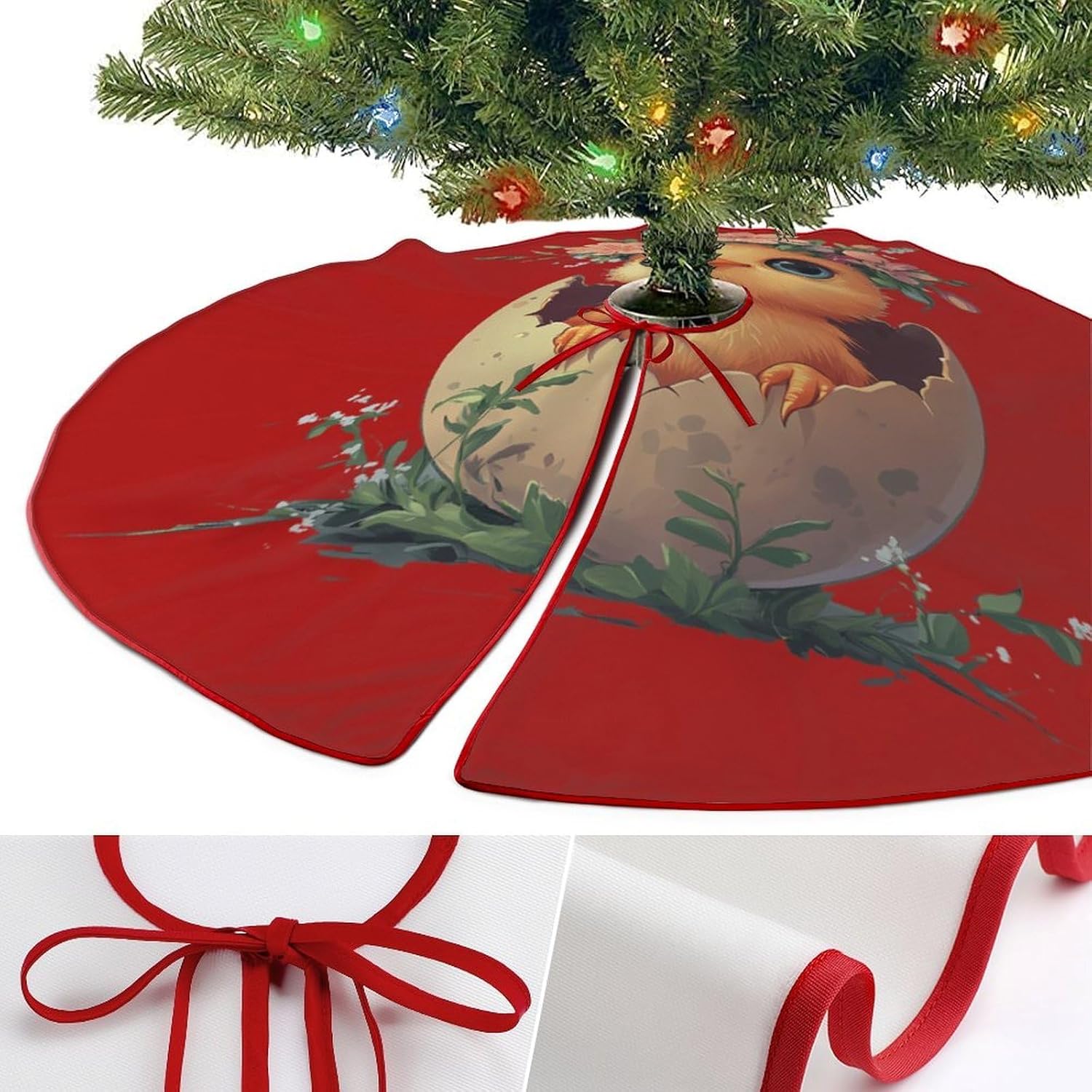 Hatching Chick Flowers Christmas Tree Skirt Ornaments Christmas Tree Mat for Home Party Holiday Decorations