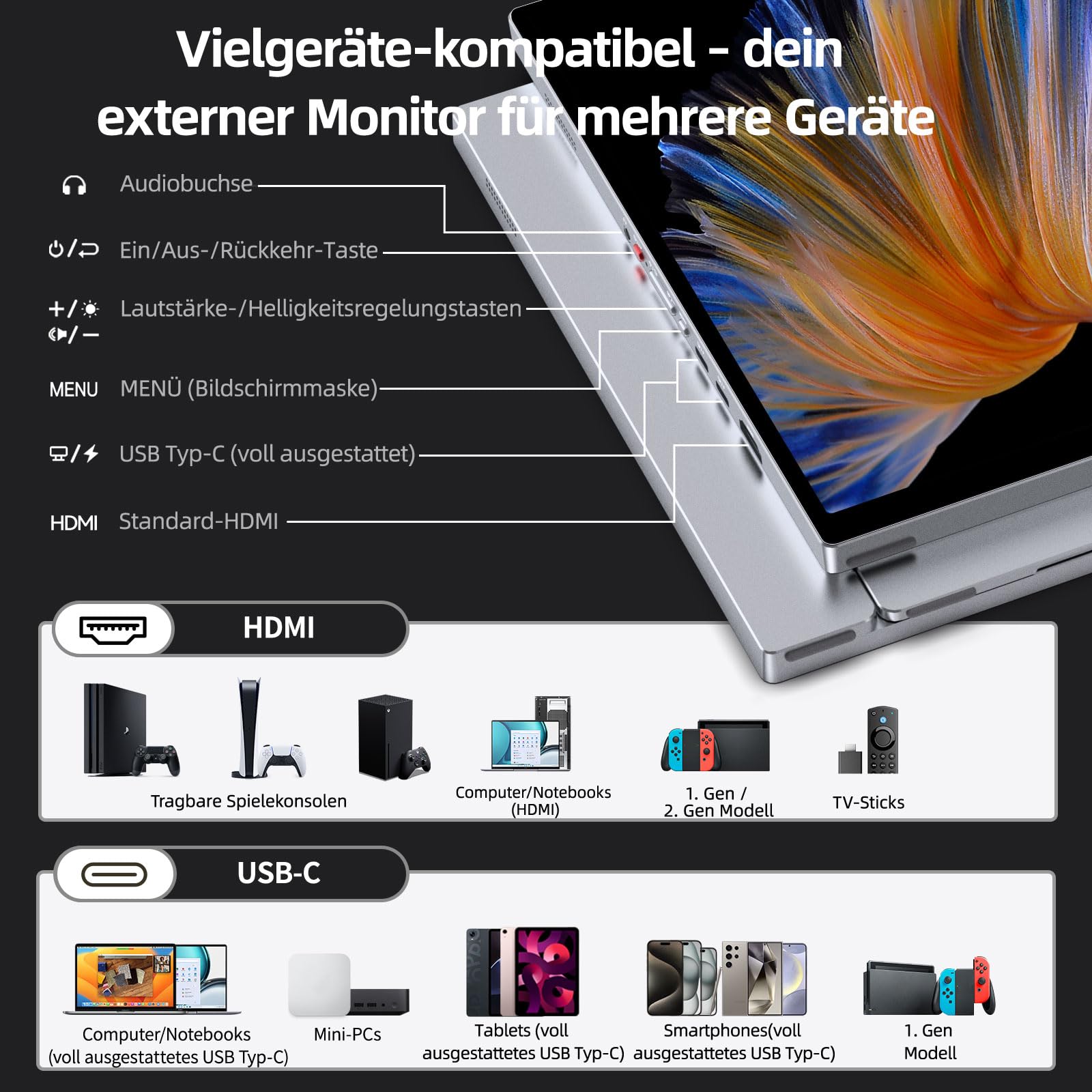 Intehill Portable Monitor Touchscreen 16 Zoll 2,5K 120Hz Gaming, Tragbarer Monitor Touchscreen, USB-C Monitor mit 10-Punkt Multi-Touch, 400Nits, 100% sRGB, Glänzend, VESA, Alu-Gehäuse