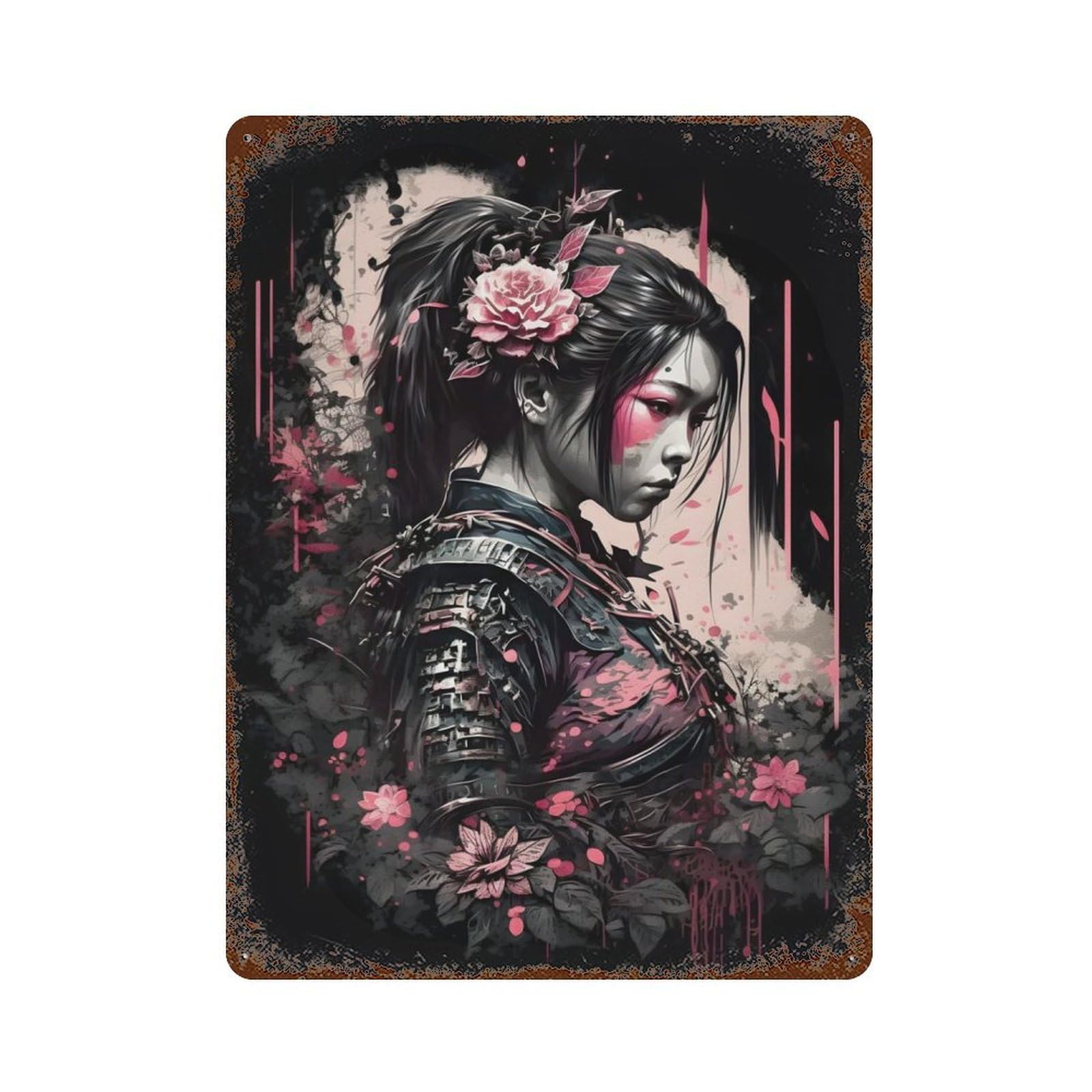 Samuarai Geisha Flowers Rustic Tin Plaque 15.7"x11.8", Ideal for Cafe, Home Bar And Lounge Decor