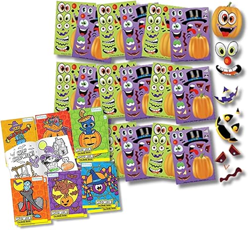 ArtCreativity Juego de calcomanías de Halloween y mini libros para colorear: 36 calcomanías personalizables de cara de Jack-O-Lantern y 12 mini