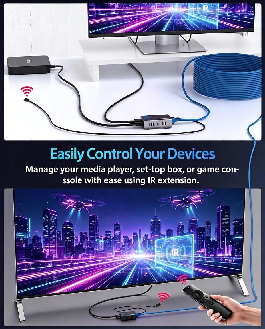 Extender HDMI 4K@30Hz su CAT6/CAT7, Prolunga HDMI tramite LAN 40m | con EDID e POC，Funzione IR e HDMI Loop Out, Plug & Play per Home Cinema, Ufficio, Sala Conferenze, Scuola e Digital Signage