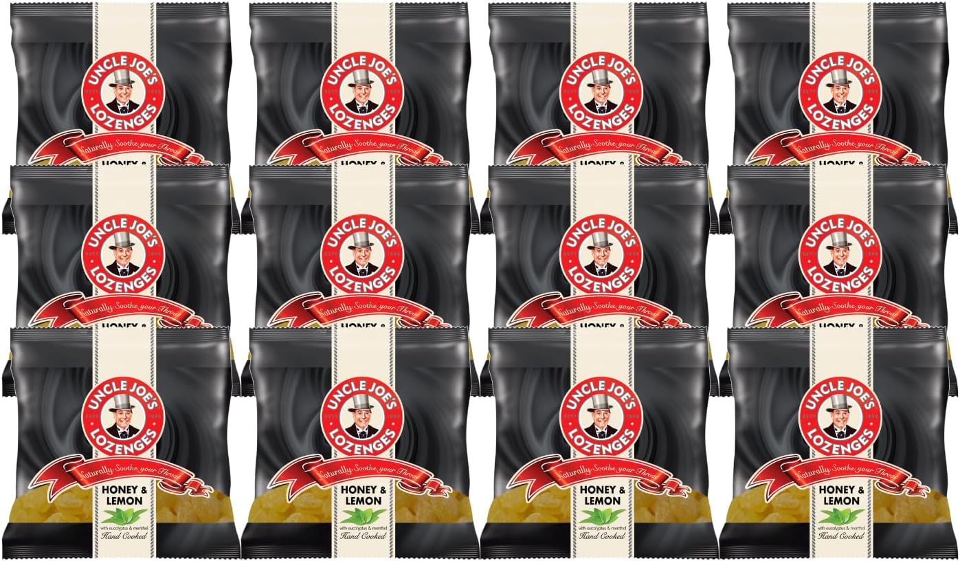 Uncle Joe’s Honey & Lemon Lozenges, soothing blend in 12 x 70g packs. Natural relief with honey and lemon for sore throats.