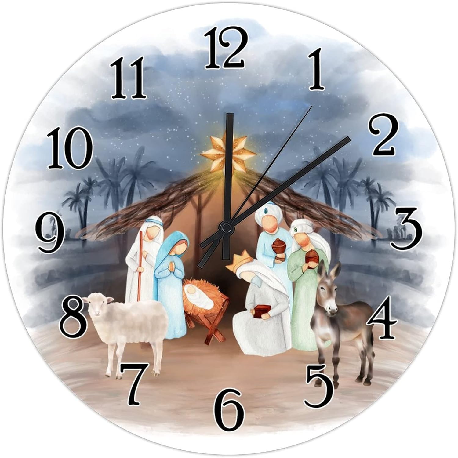 Merry Christmas Christian Gift Decorative Wall Clock Jesus is The Reason Nativity Scene Wooden Clocks Farmhouse Battery Operated Clocks Welcome Winter Xmas Round Clock for Bedroom 15inch