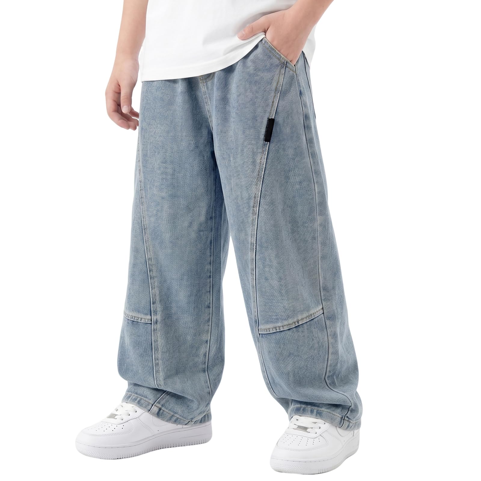 Jeans Ragazzo Baggy Loose Fit Pantaloni con Vita Elasticizzata Tasche Multiple Bambino Lunghi Denim Pants Moda Streetwear Casual Stretch Vintage Jeans per Ragazzi 7-15 Anni