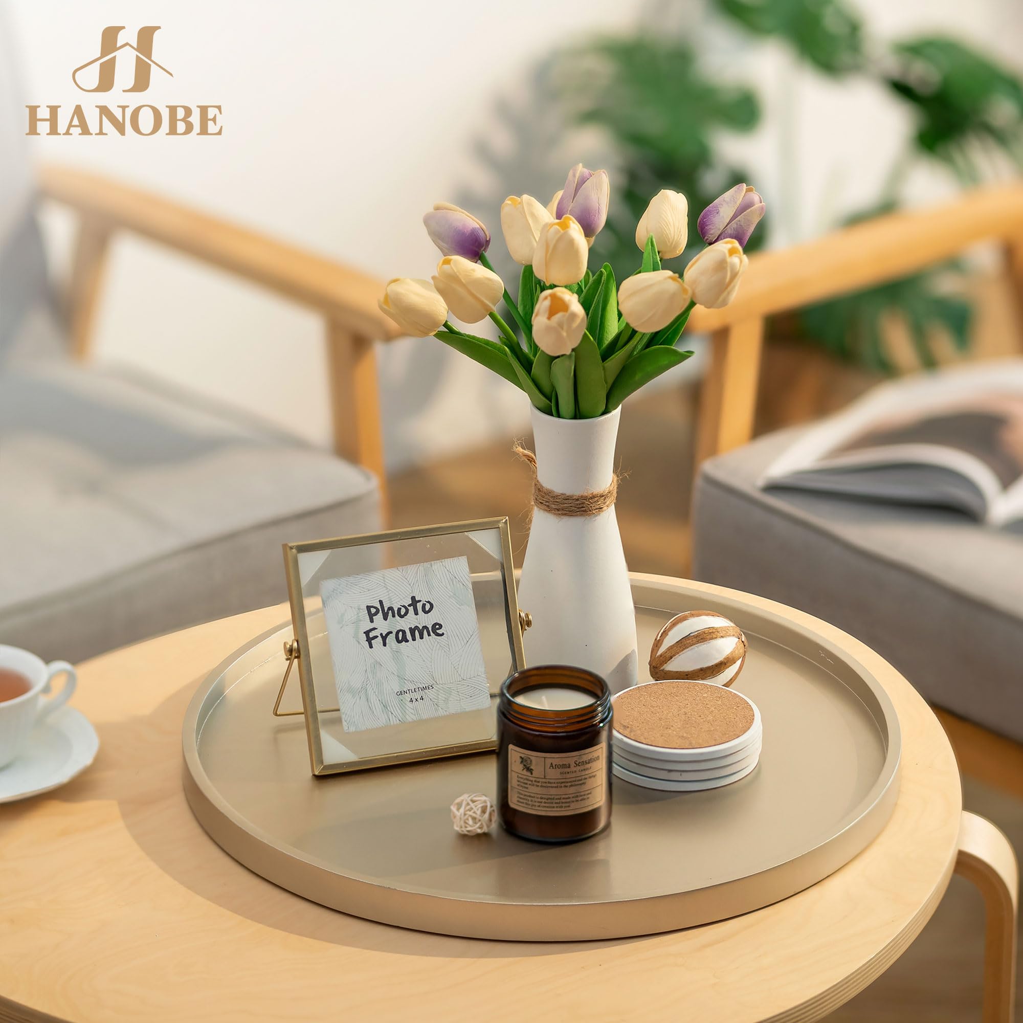 24 X 24 Inches Black Walnut Large Ottoman Tray Round Table Tray Wooden Solid Circle Serving Tray With Handles Platter Decorative Tray For Oversized Ottoman Home Breakfast In Bed Tea Coffee