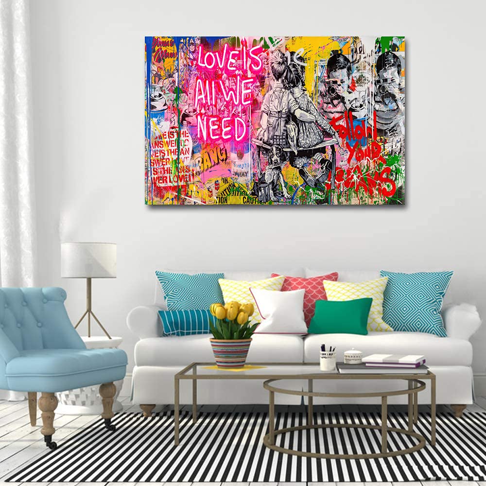 Banksy Kunst auf Leinwand Bild Love is All We Need Graffiti Street Art Wand Bild Pop Art Gemälde Kunstdruck Modern Wandbilder XXL Wanddekoration (Mit Rahmen, 120x80cm)