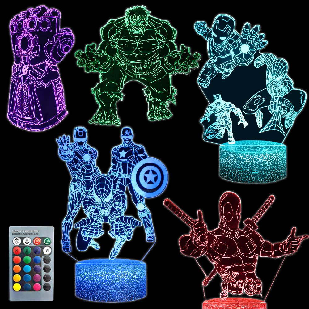 Superhero 3D Anime Lamp, 5 Patterns Superhero 3D Illusion Lamp with 16 Colors Changing Remote Smart Touch Lights Bedroom-Marvel Gifts Toys for Boys Men Christmas Birthday Gifts for Superhero Fans