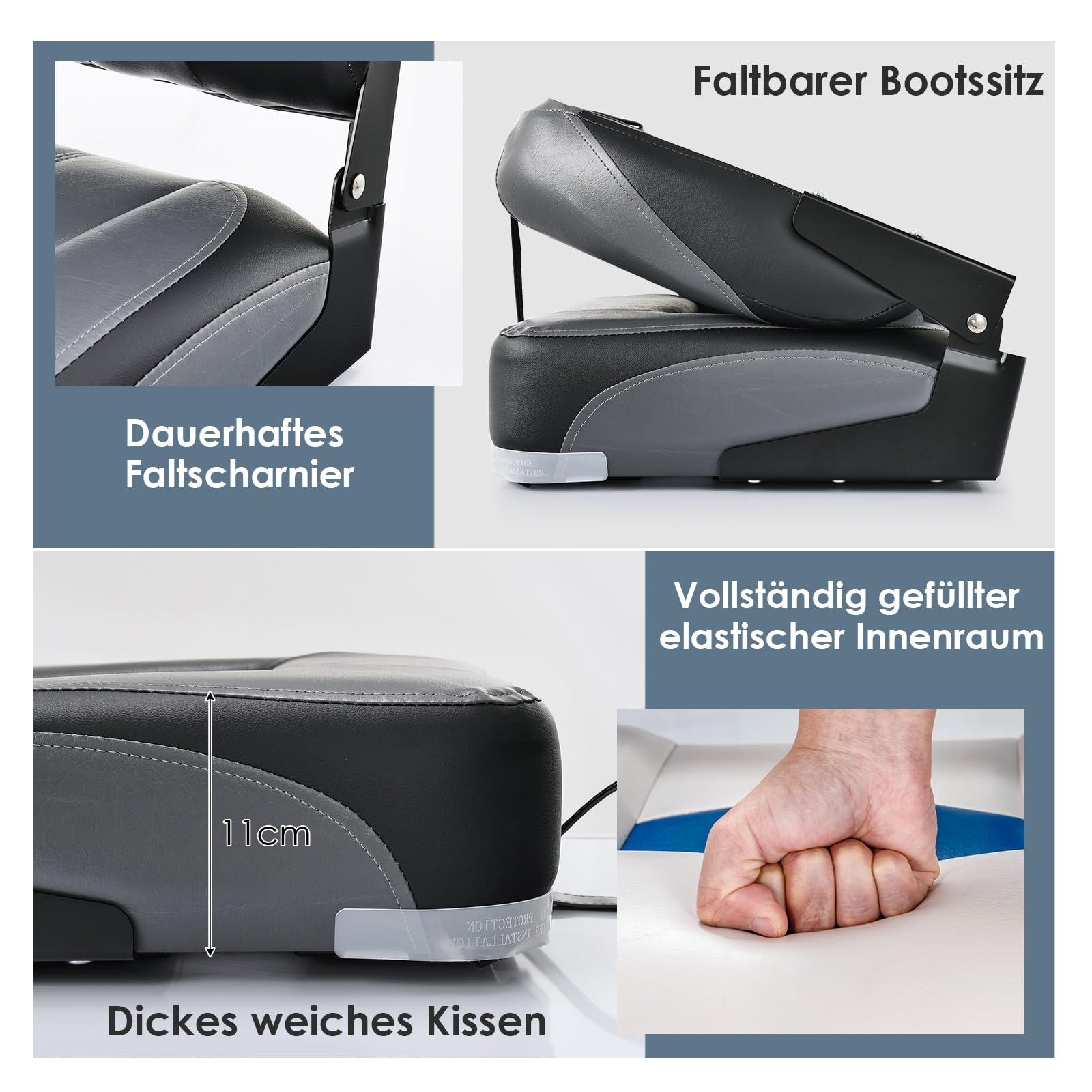 COSTWAY 2er Set Bootssitz klappbar, Bootsstuhl mit 11 cm dicker Schwammpolsterung, gepolsterter Steuerstuhl, Schwarz, 50 x 42 x 52 cm