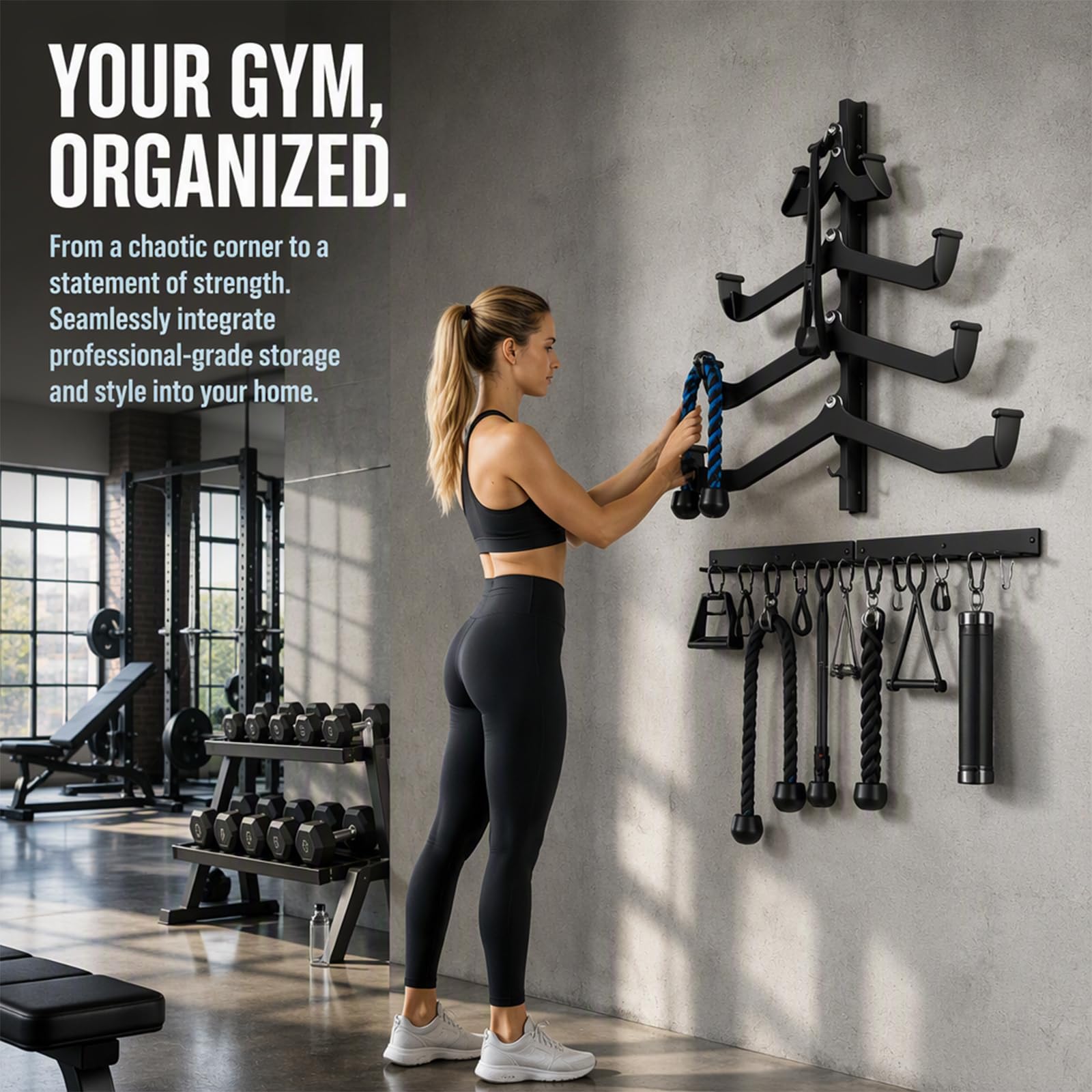 LAT Pulldown Attachments Storage Rack Wall Mounted LAT PullDown Bar Organizer in Acciaio Gym Accessories Rack con Ganci Heavy Duty per Manici, Accessori per Stazione Pesante