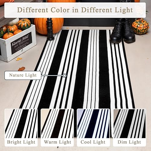 Miniatura 6 de Alfombras de patio para exteriores de 5 x 7 pies, lavables a máquina, alfombras a rayas color blanco y negro para interiores y exteriores, alfombras