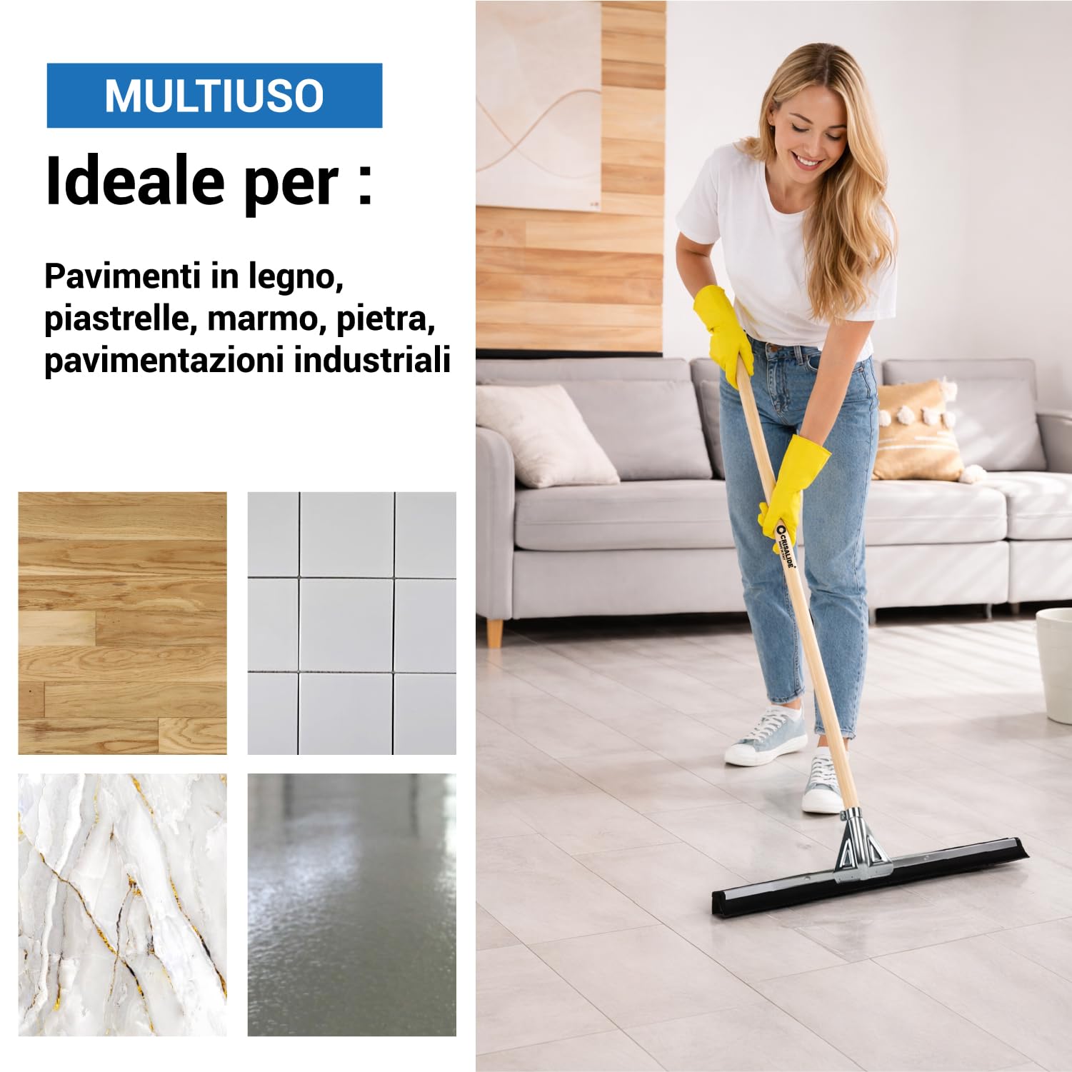 Crisalide® Tergipavimento Spingiacqua Professionale con Manico in Legno da 150 cm, Gomma Doppia, Asola in Metallo, 45/55/75 cm (LARGE 75cm)