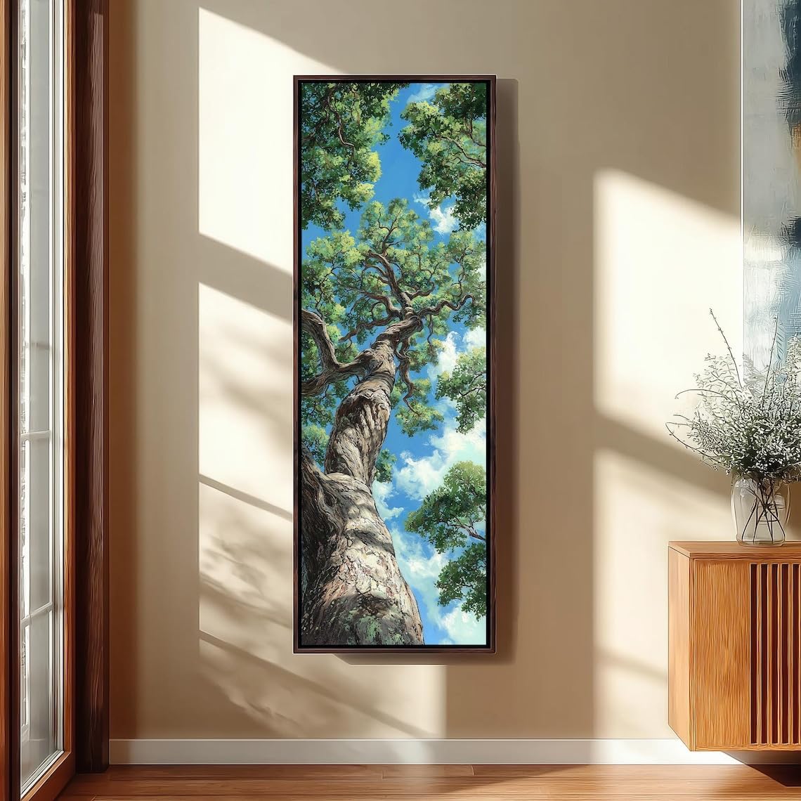 XBTYKPB Framed Tall Narrow Tree Canvas, Long Vertical Oak Painting, Skinny Print, Rustic Landscape Decor, Green Forest Wall Art(65x195cm/Frameless)