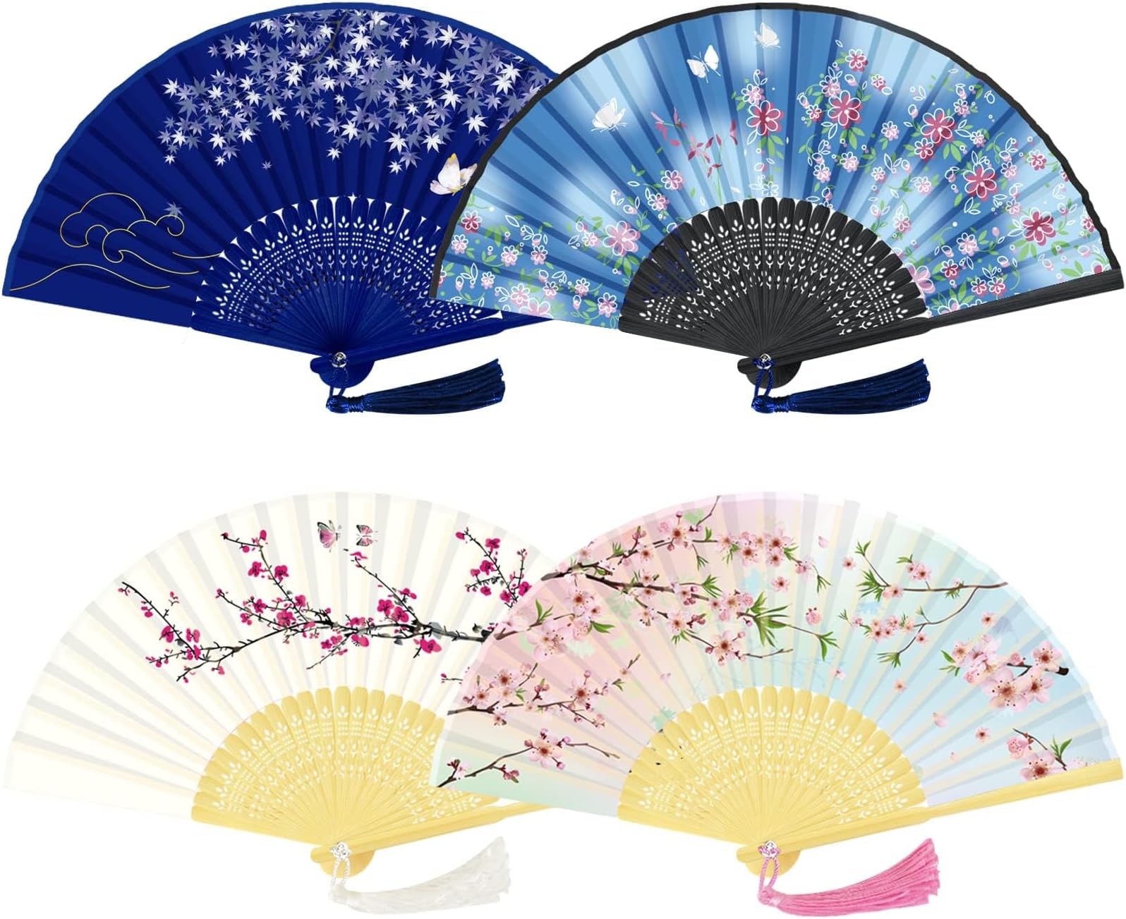 4 Pcs Foldable Hand Fans For Line Dancing - Wooden Chinese Style Fans With Tassels