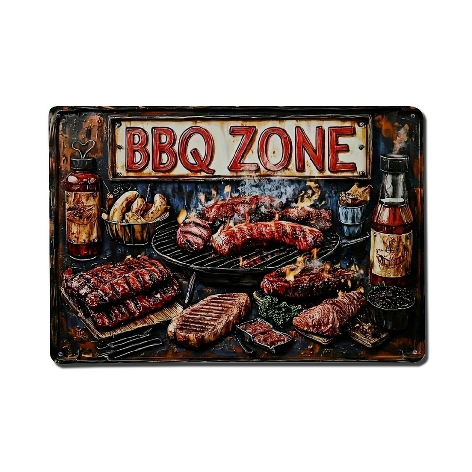 Bbq Zone Grilled Meat Sauce Retro Metal Tin Sign, Vintage Metal Poster for Home, Gaming Room, Studio Workshop,Bar,Garage Wall Art Decor 8x12 Inch